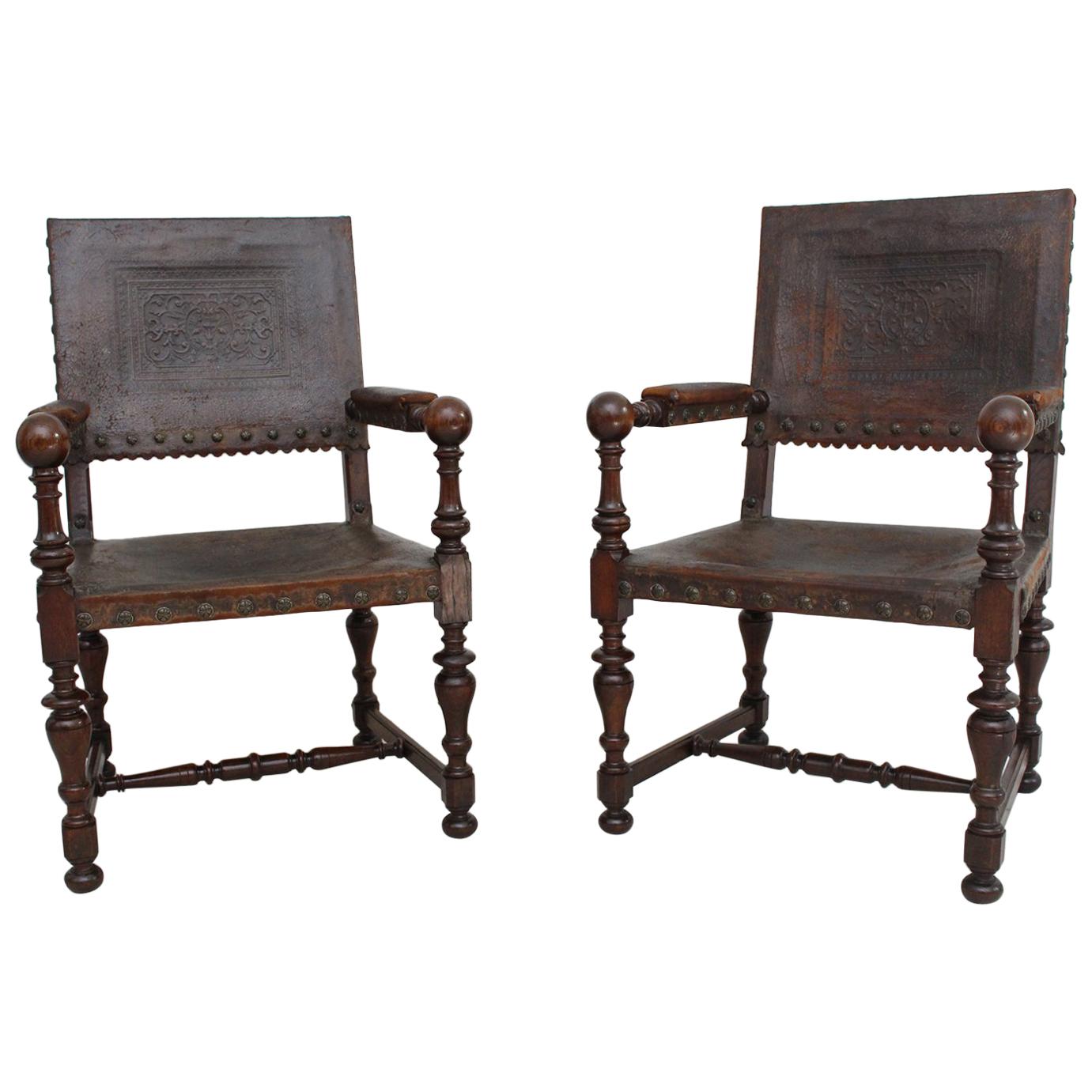 Pair of Early 19th Century Spanish Embossed Leather Armchairs