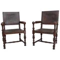 Pair of Early 19th Century Spanish Embossed Leather Armchairs