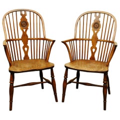 Pair of Early 19th Century Thames Valley Yew Tree Windsor Armchairs