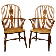 Pair of Early 19th Century Thames Valley Yew Tree Windsor Armchairs