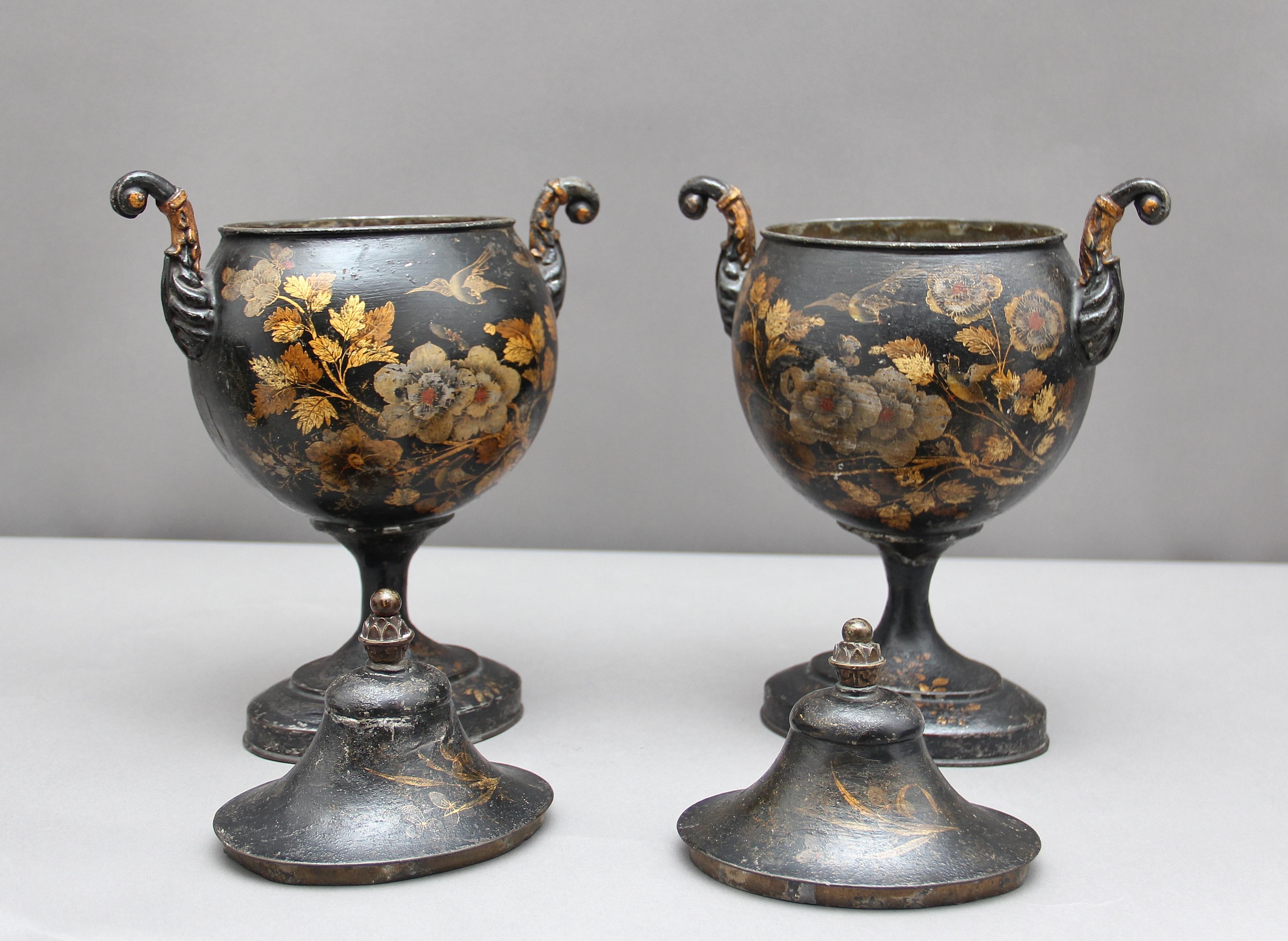 Regency Pair of Early 19th Century Tole Chestnut Urns