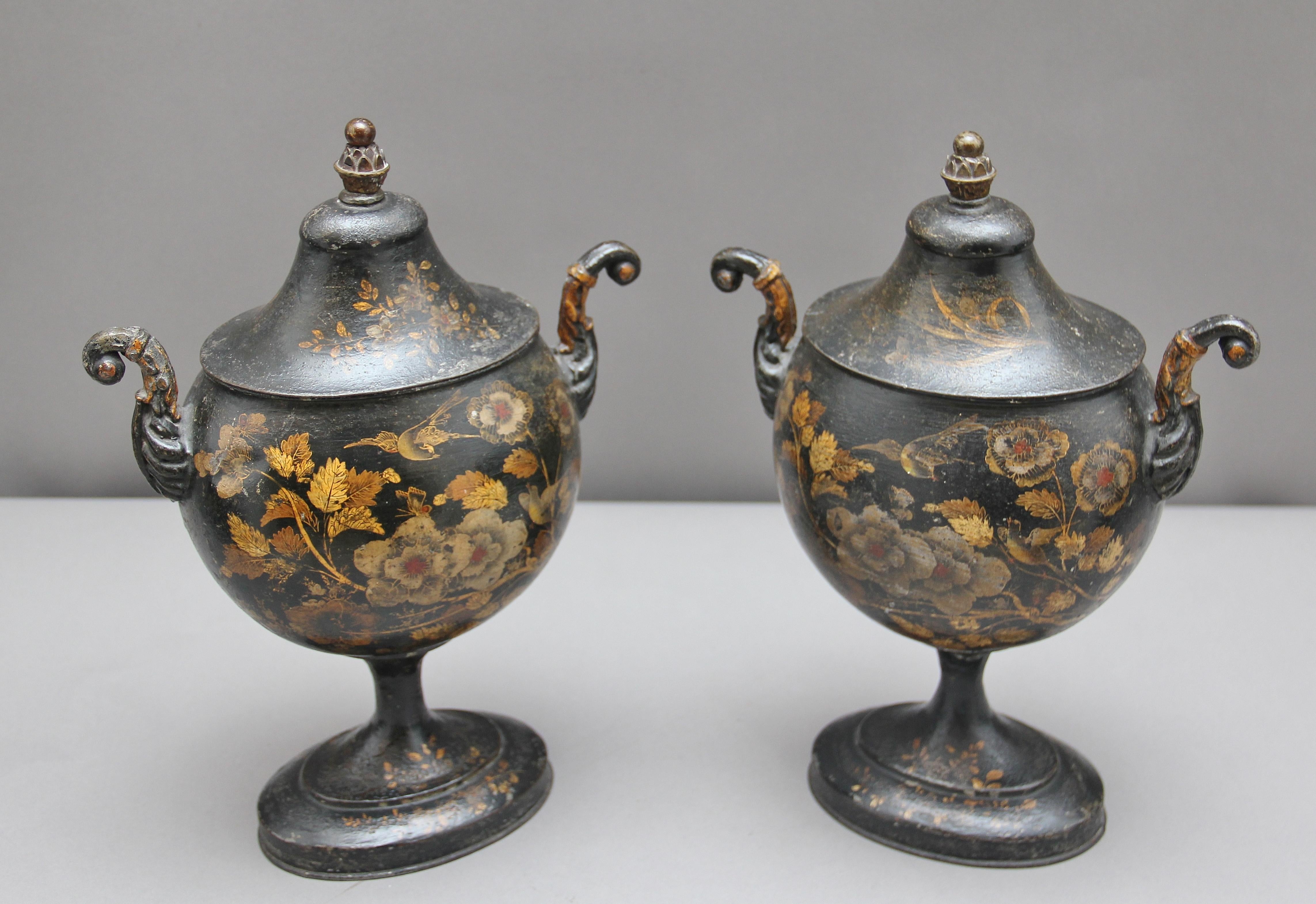 English Pair of Early 19th Century Tole Chestnut Urns