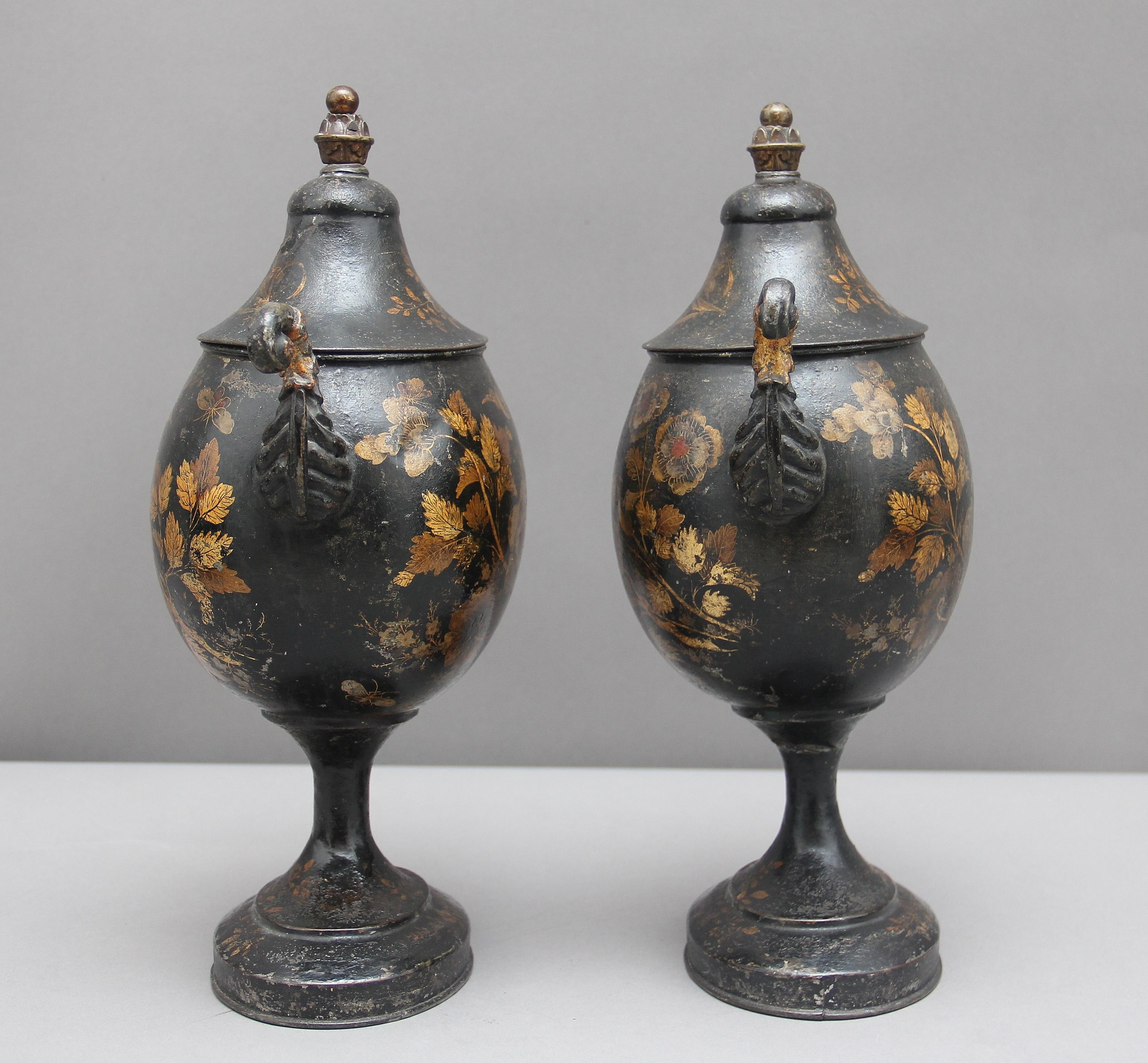 Tôle Pair of Early 19th Century Tole Chestnut Urns