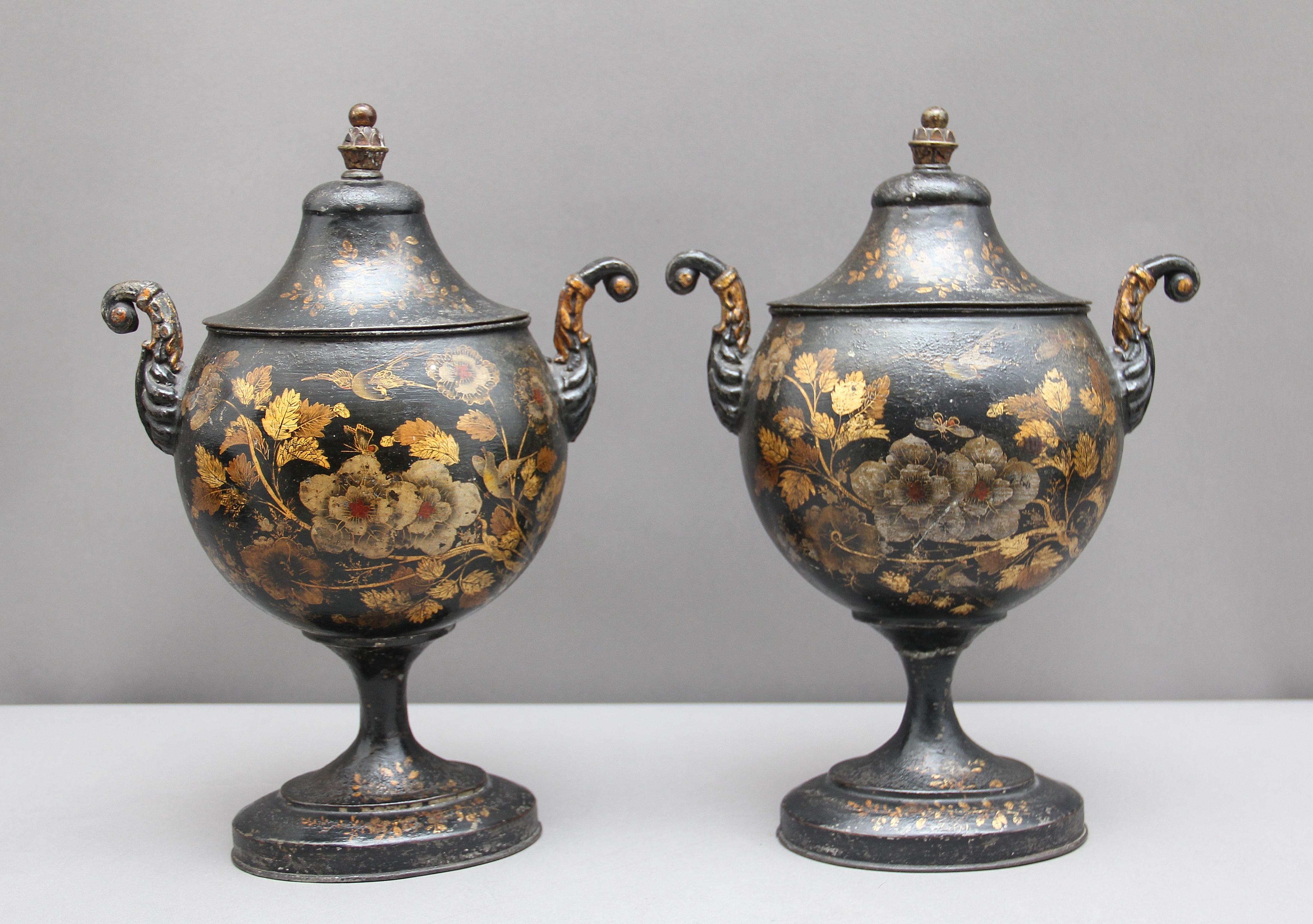 Pair of Early 19th Century Tole Chestnut Urns 1