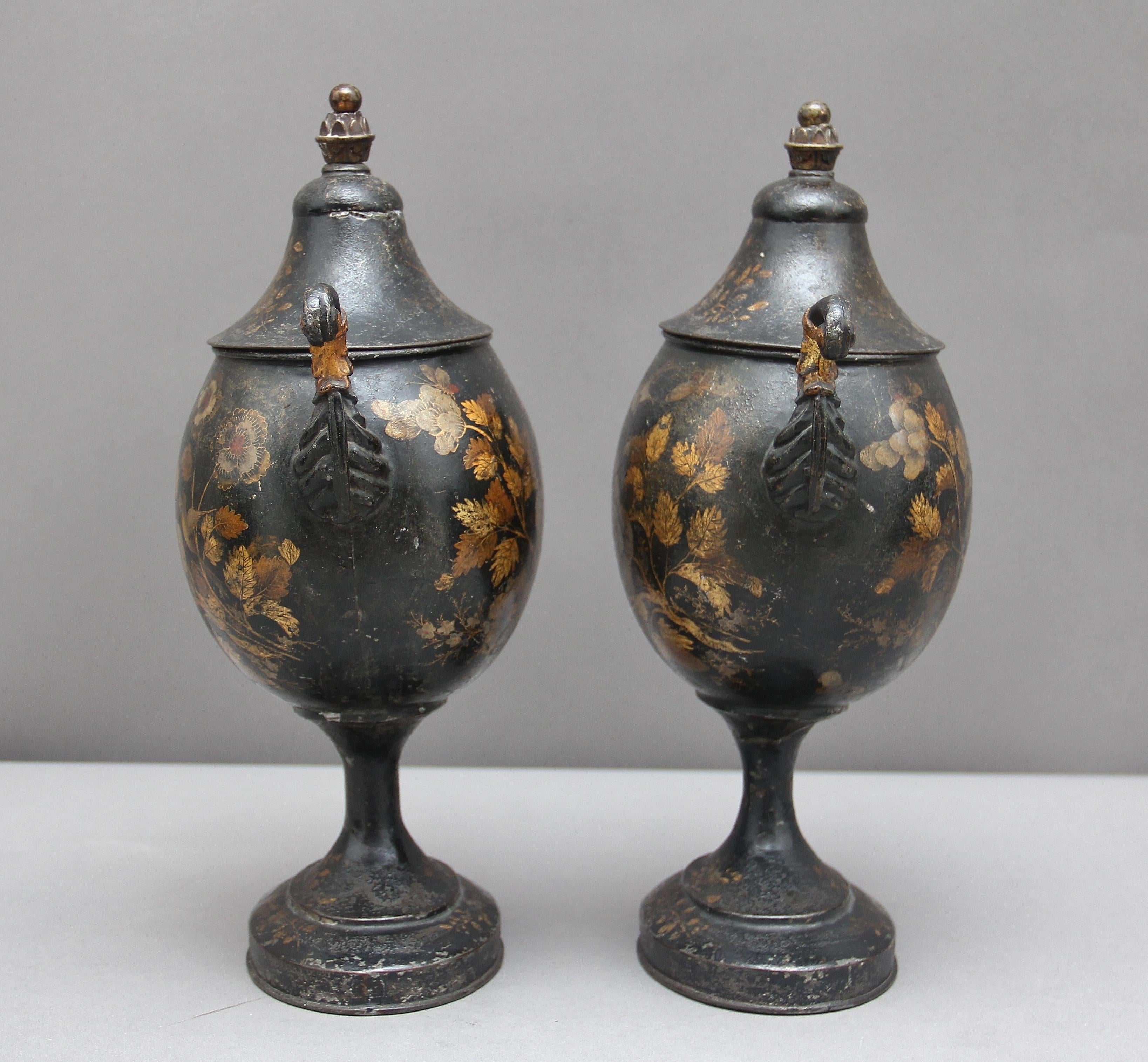 Pair of Early 19th Century Tole Chestnut Urns 2