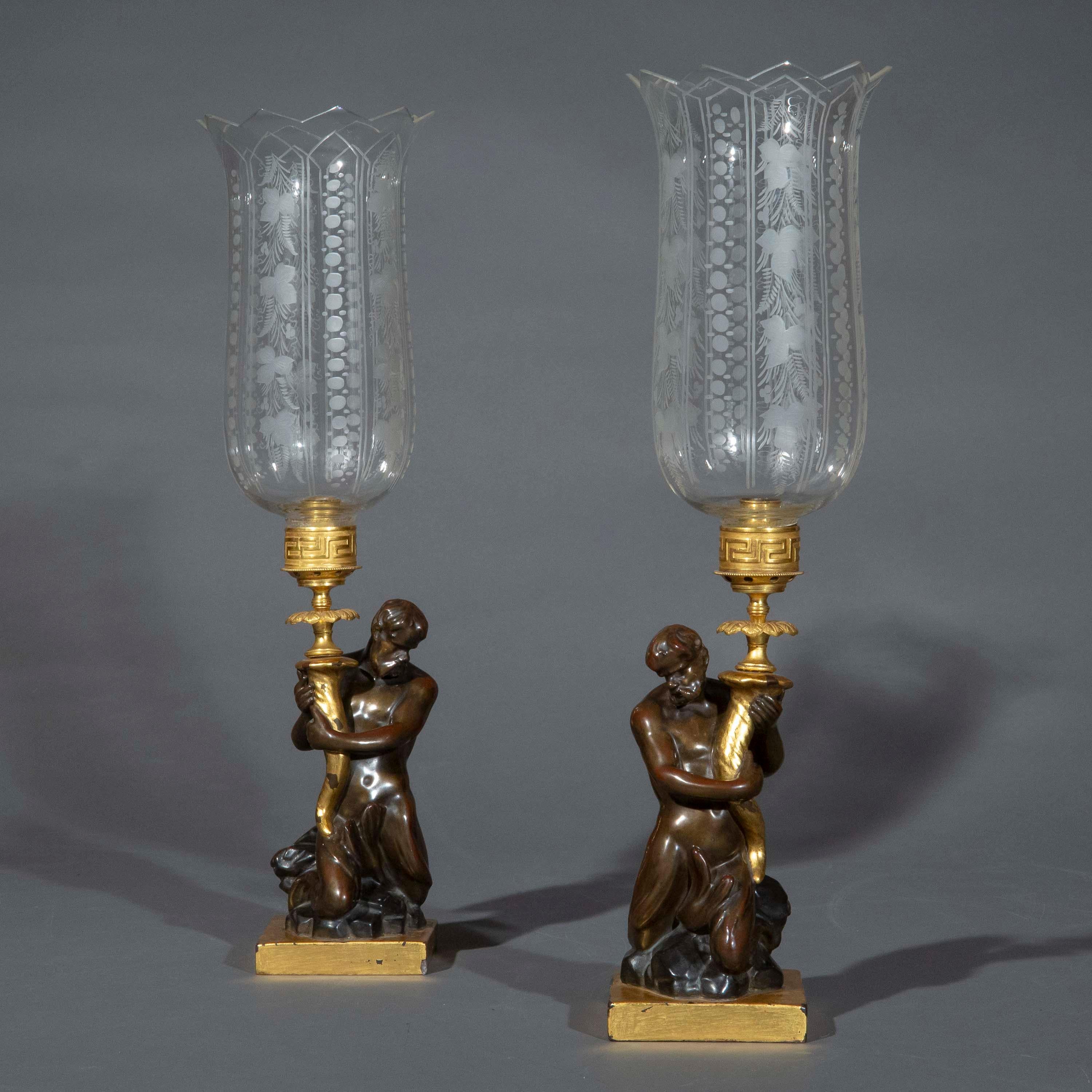 Pair of Early 19th Century Triton Candlesticks Storm Lanterns by Wood & Caldwell For Sale 3