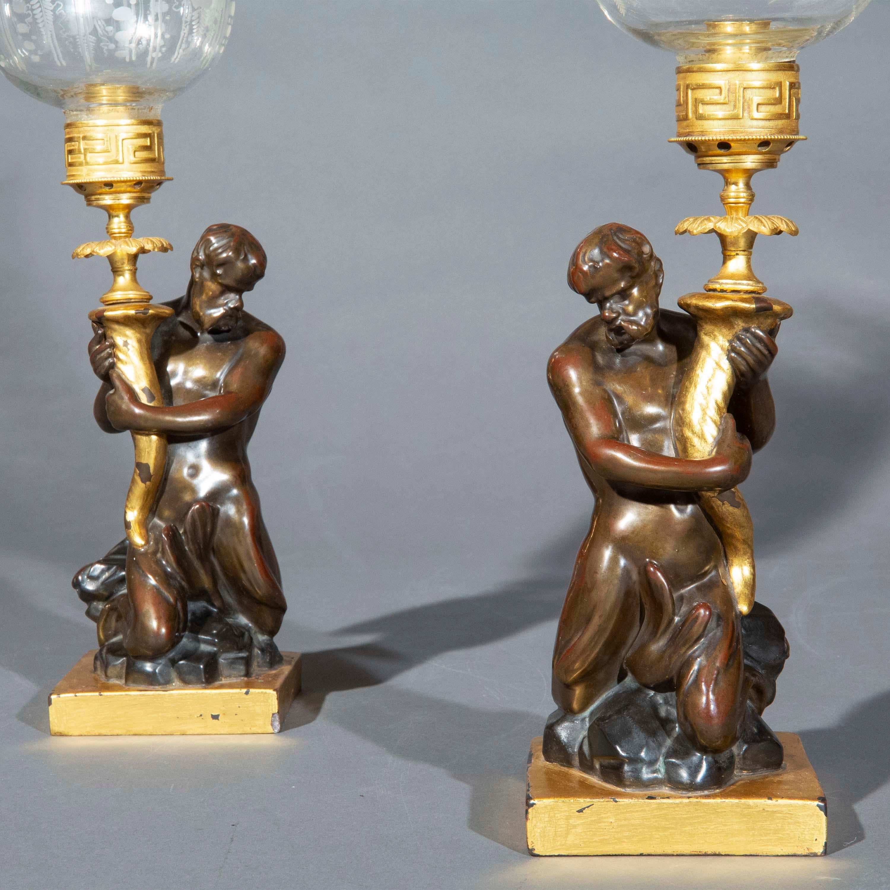 Pottery Pair of Early 19th Century Triton Candlesticks Storm Lanterns by Wood & Caldwell For Sale