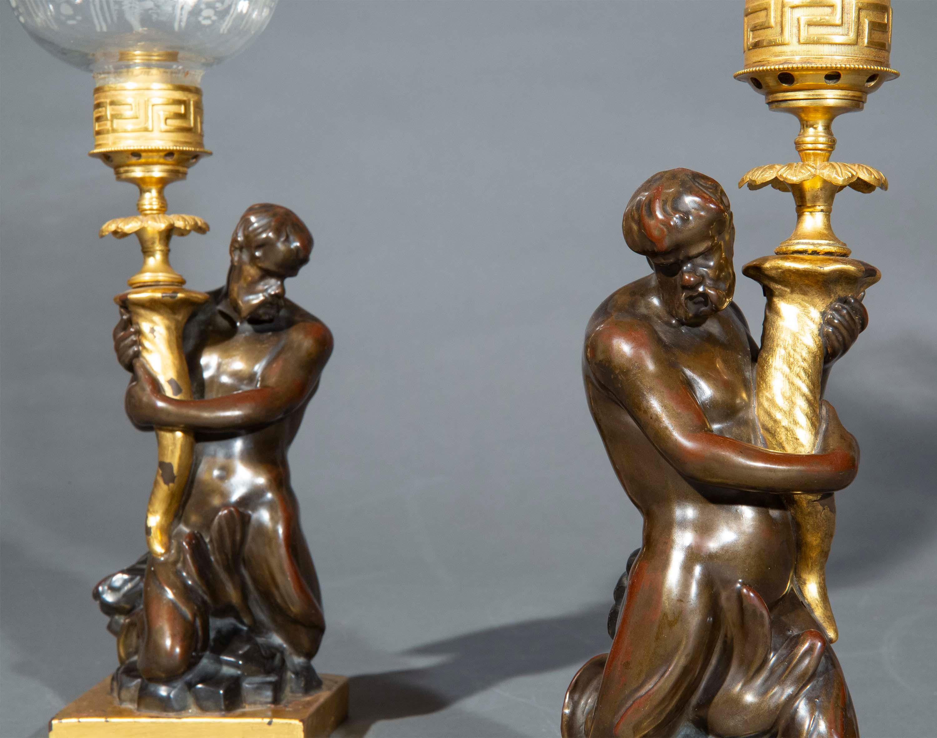 English Pair of Early 19th Century Triton Candlesticks Storm Lanterns by Wood & Caldwell For Sale