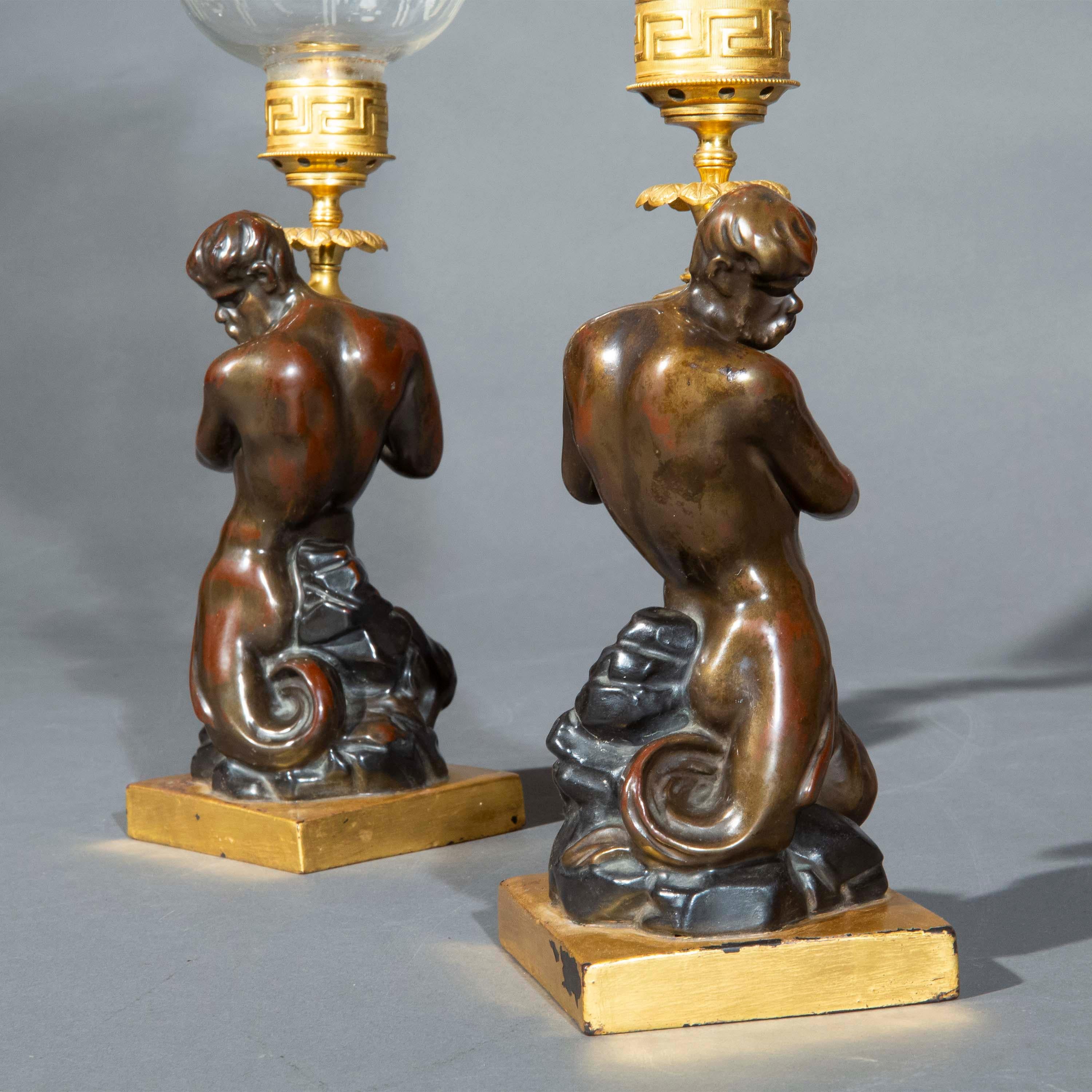 Regency Pair of Early 19th Century Triton Candlesticks Storm Lanterns by Wood & Caldwell For Sale