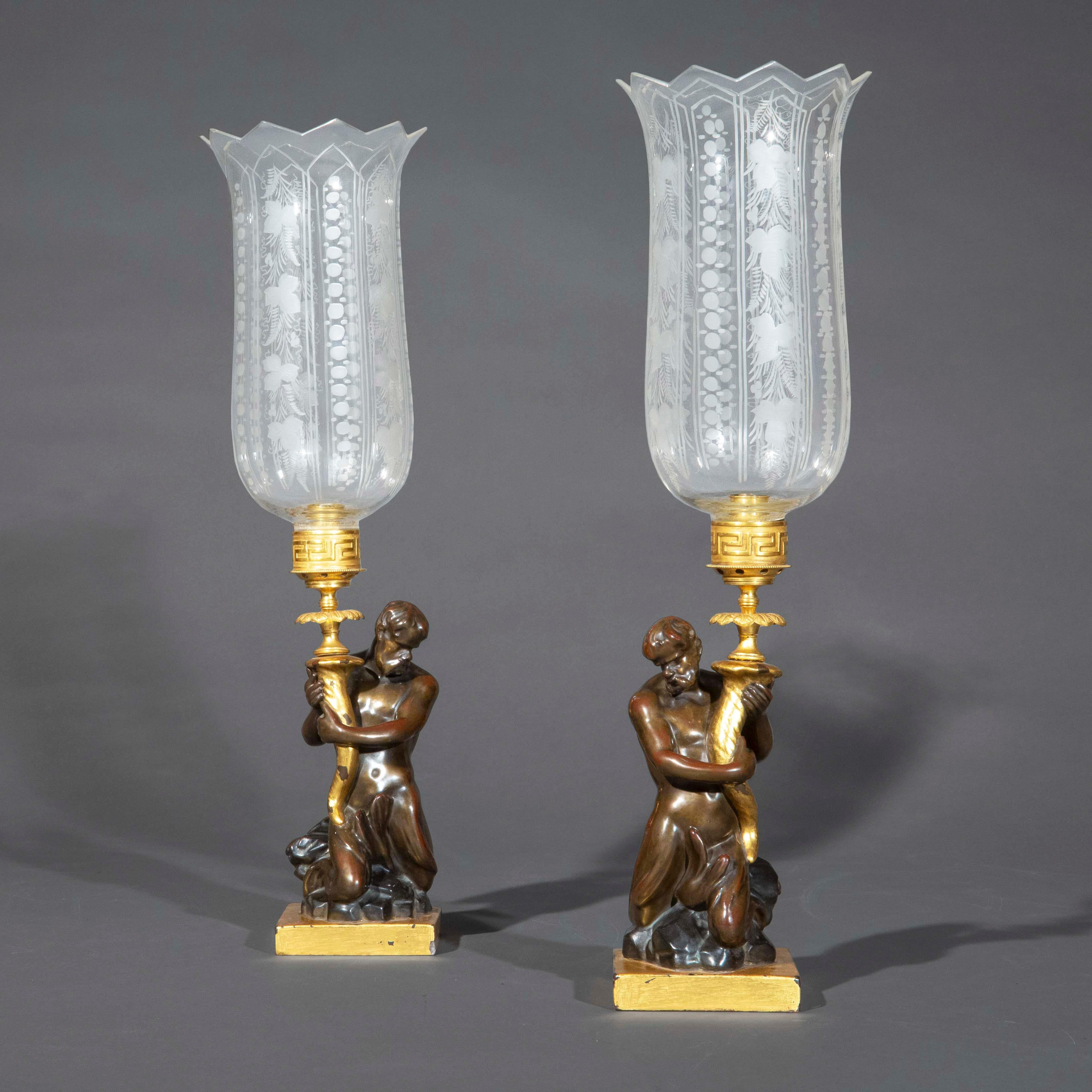 Pair of Early 19th Century Triton Candlesticks Storm Lanterns by Wood & Caldwell For Sale 1