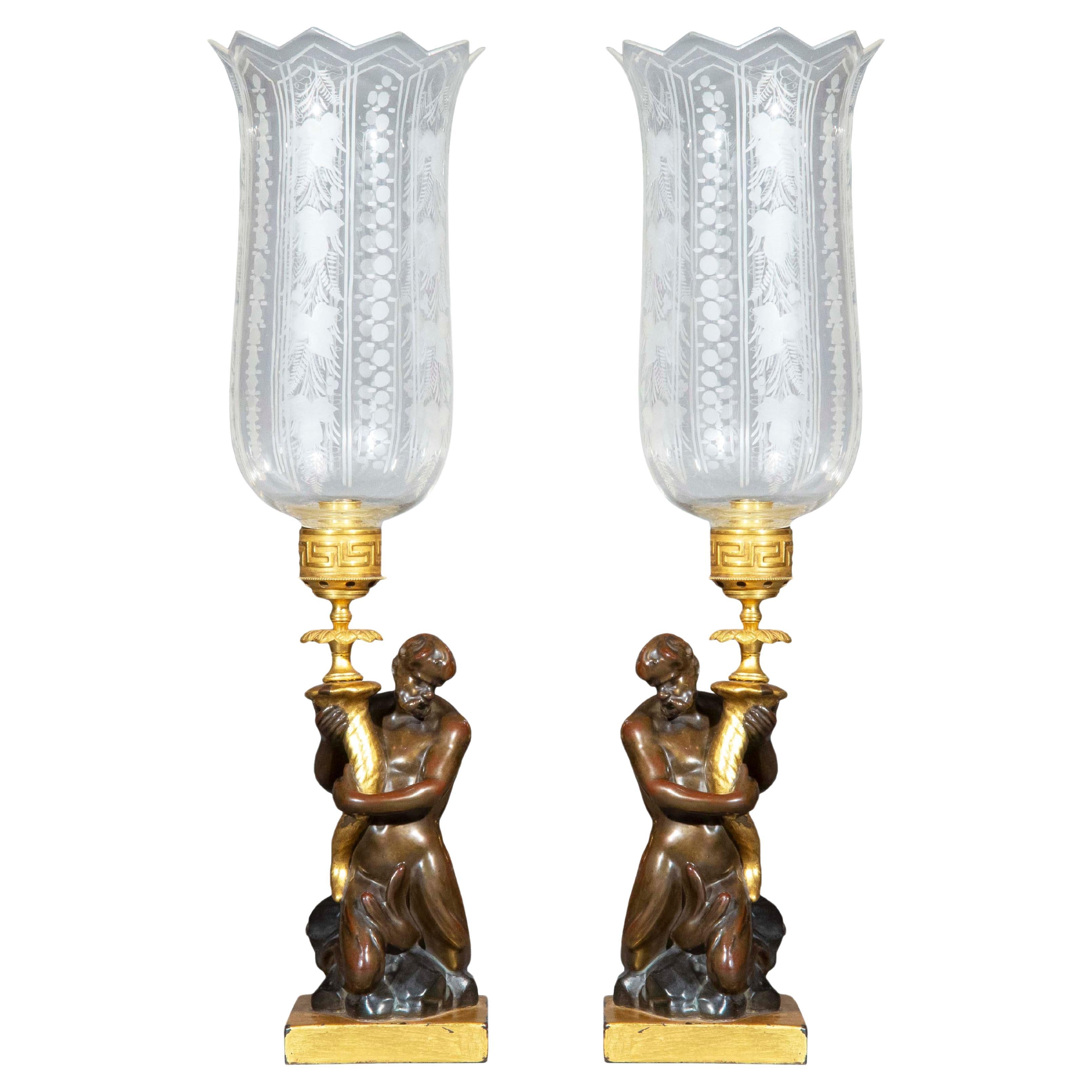 Paire de chandeliers et de lanternes de tempête en Triton du début du 19e siècle par Wood & Caldwell