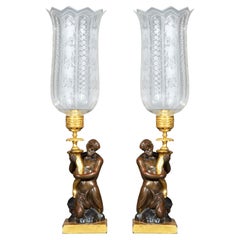 Vintage Pair of Early 19th Century Triton Candlesticks Storm Lanterns by Wood & Caldwell