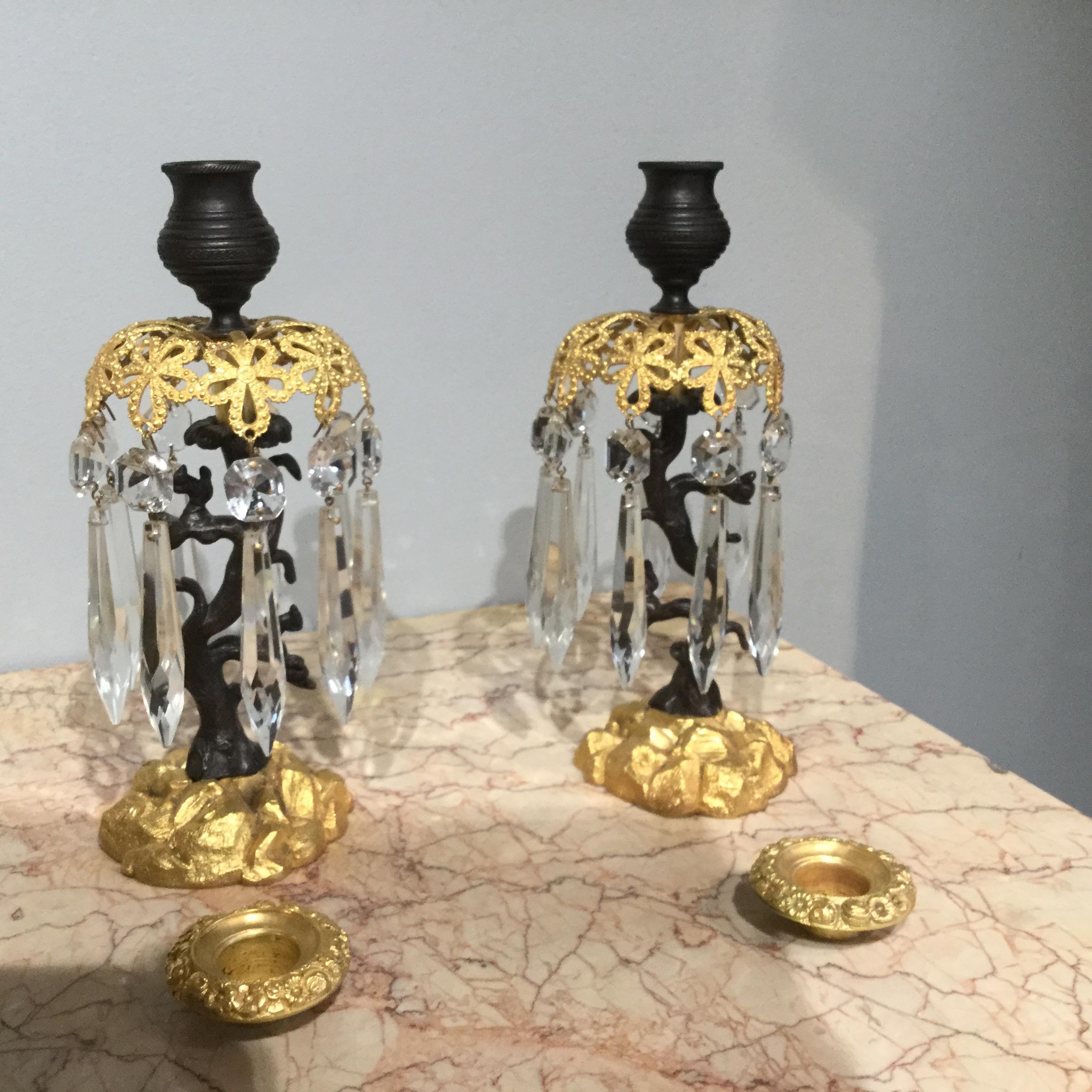 English Pair of Early 19th Century William IV Period Gilt Brass Candlestick Lustres For Sale