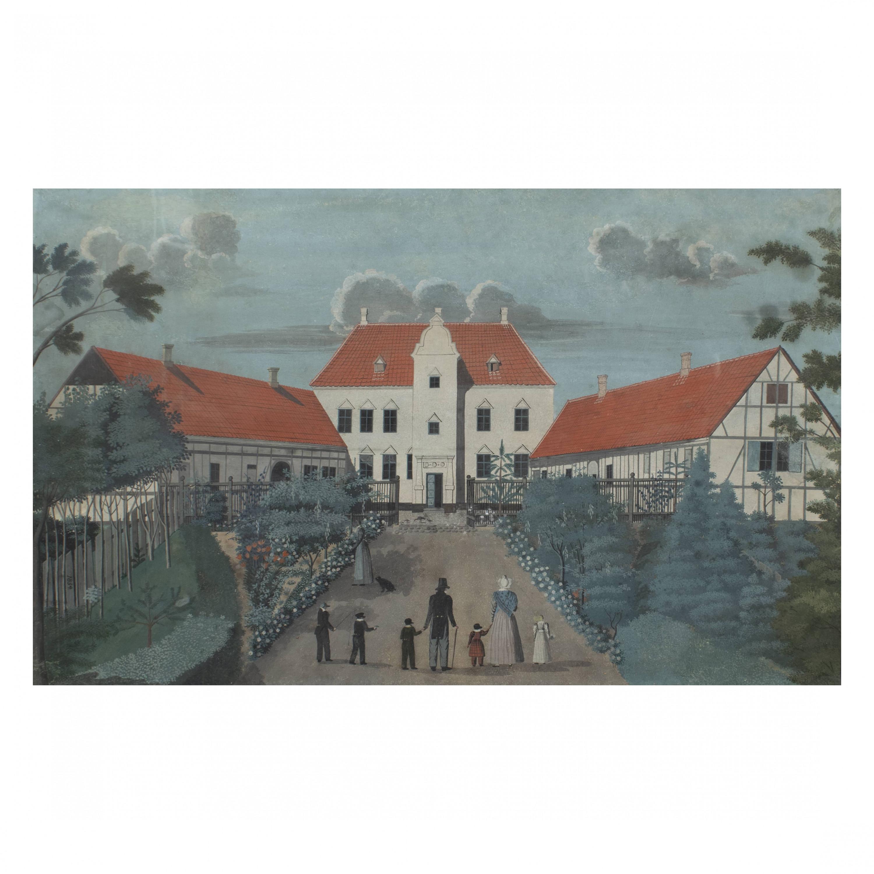 Rare pair of gouache paper paintings depicting the Danish manor house 'Bratskov', early 19th century.
Presented in the original frames in ebonized wood with silver leaf finish.

With frame: 41 x 63 cm. - without frame: 35 x 56 cm.