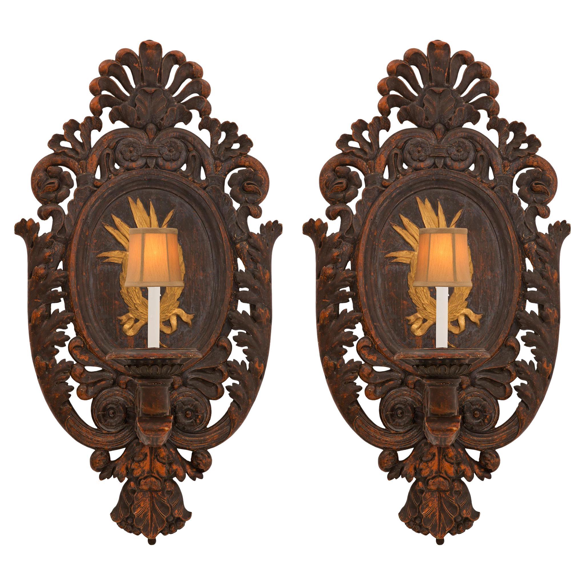 Pair of Early 19th Italian Carved Polychrome and Gilt Sconces For Sale