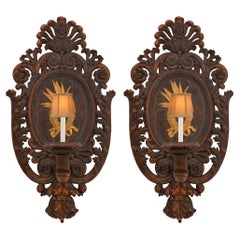 Antique Pair of Early 19th Italian Carved Polychrome and Gilt Sconces