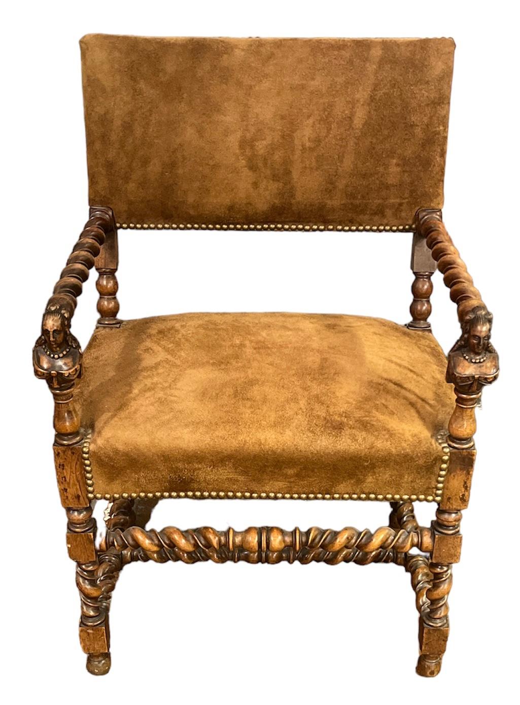 Pair of Early 19thc English Hand Carved Barley Twist And Suede Arm Chairs In Good Condition For Sale In Pasadena, CA