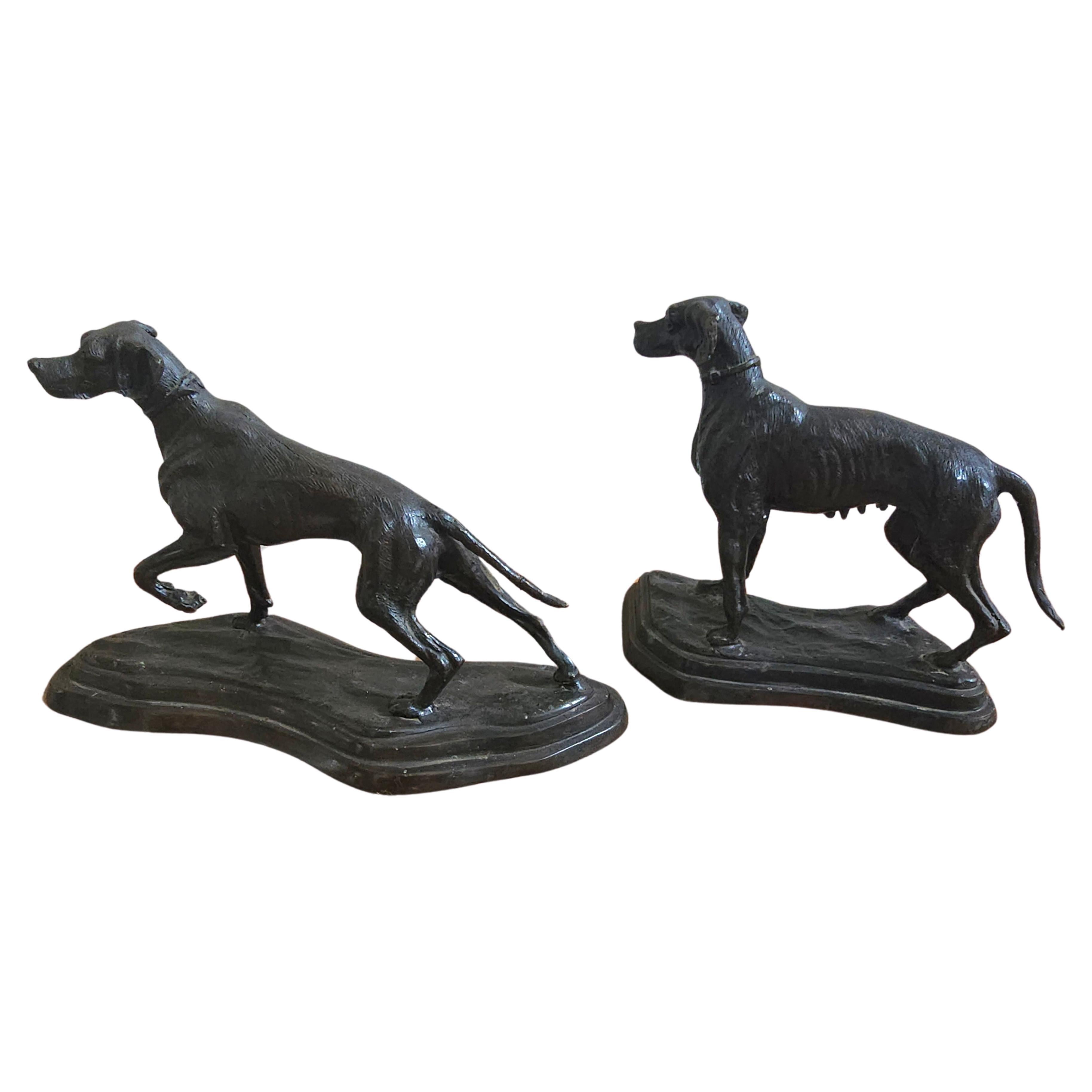 Pair of Early 20 Century Patinated Bronze Hounds