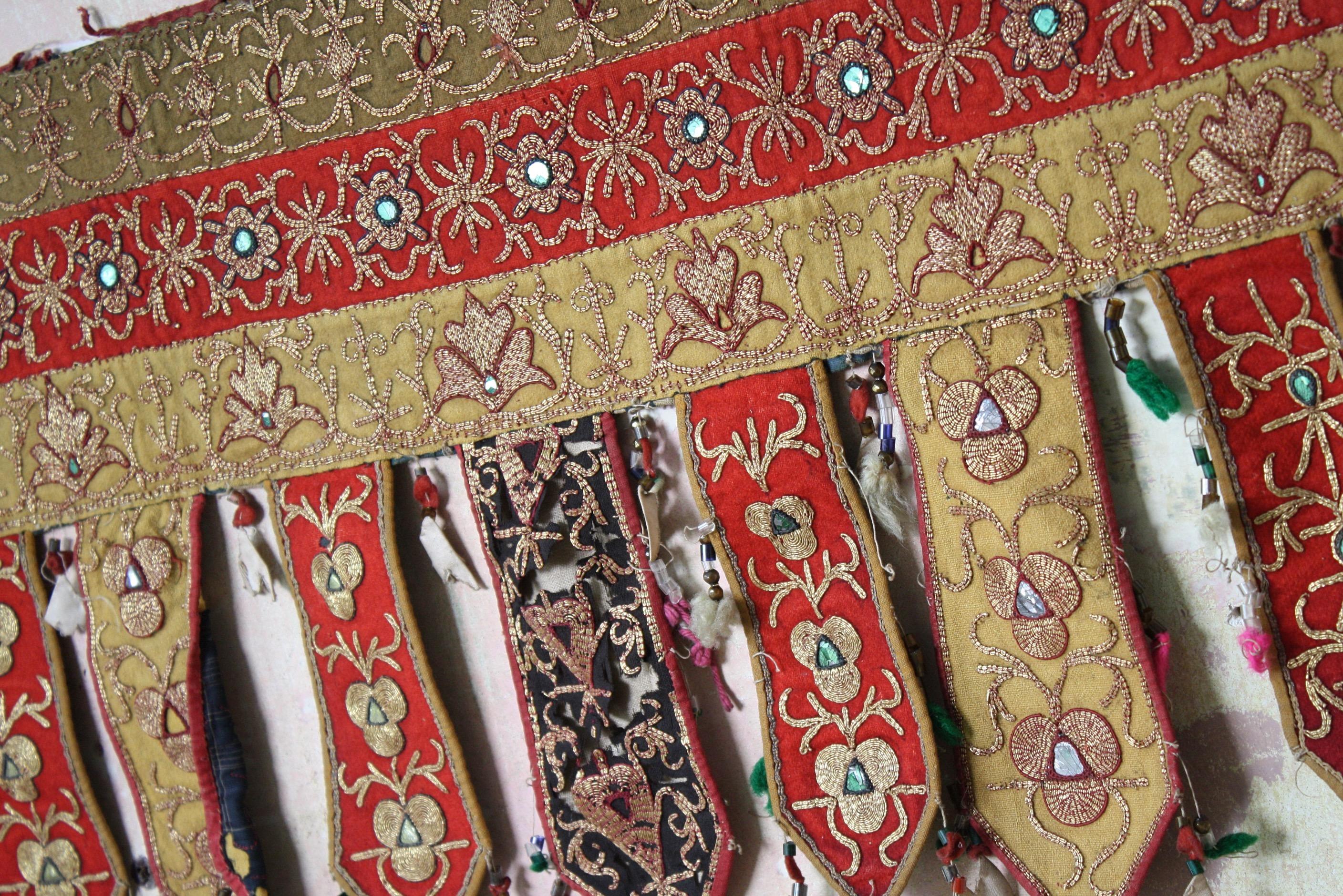 Textile Pair of Early 20th C Afghan Bejewelled & Gold Thread Embroidered Door Pelmets For Sale