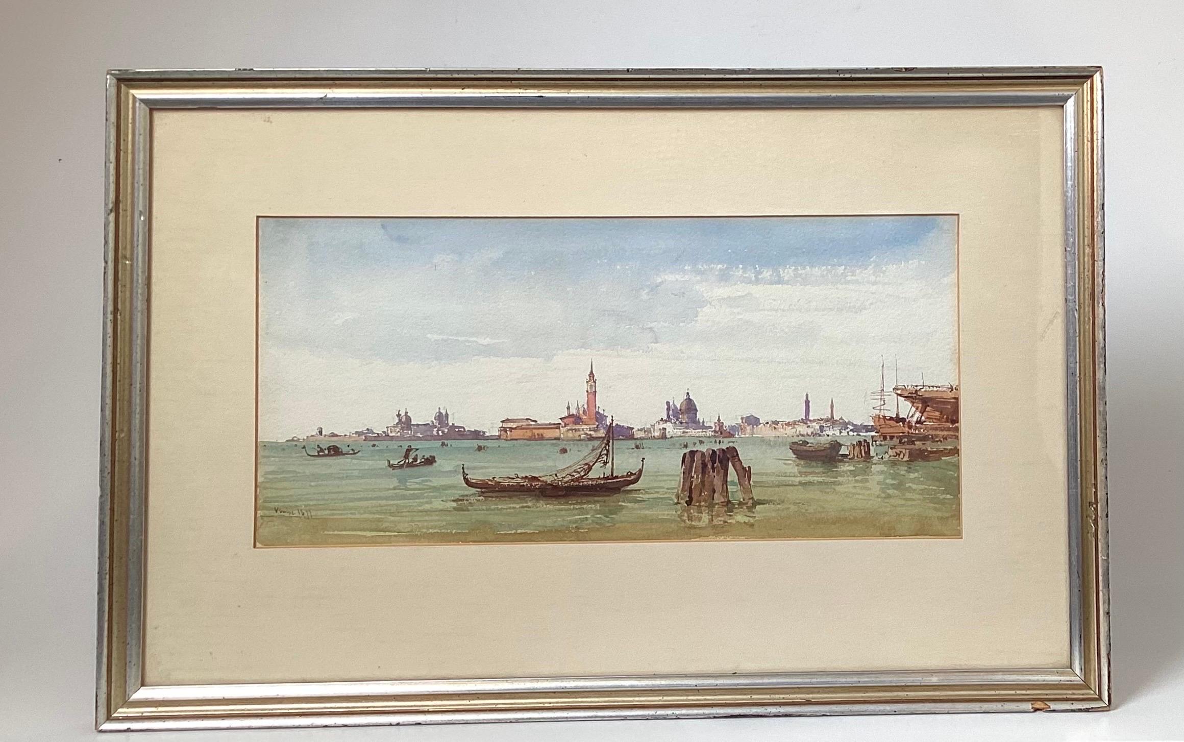 Early 20th century pair of original watercolors of Italy. Signed by the artist and nicely matted with a silver gilt frame.