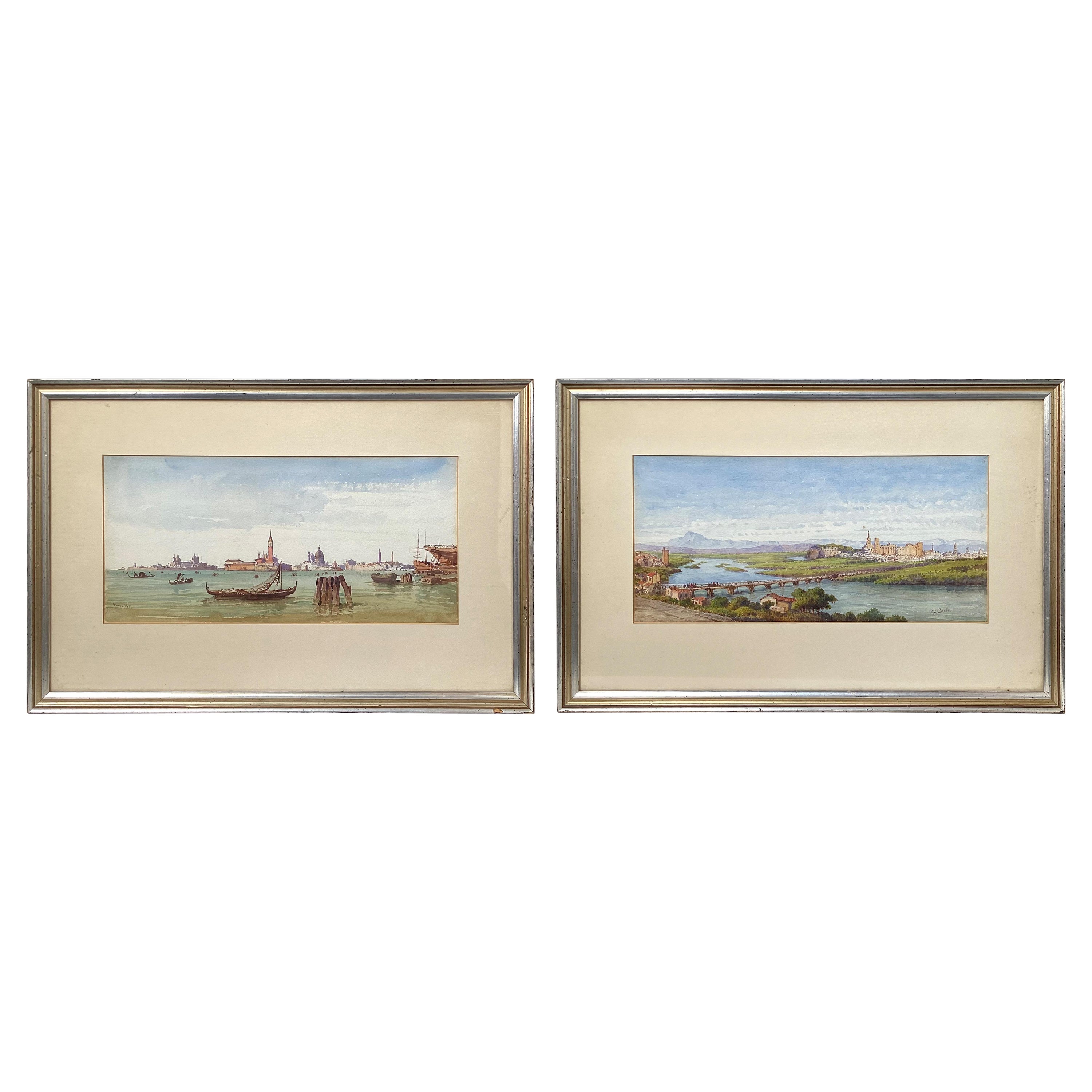 Paire d'aquarelles signées par un artiste de Venise et d'un village de Toscane du début du 20e siècle