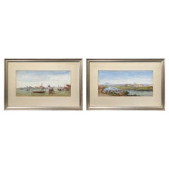 Paire d'aquarelles signées par un artiste de Venise et d'un village de Toscane du début du 20e siècle