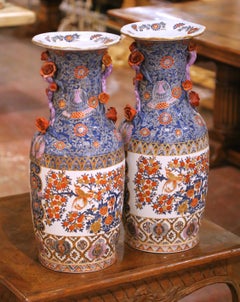 Pair of Early 20th C. Asian Imari Porcelain Vases with Floral and Bird Motifs