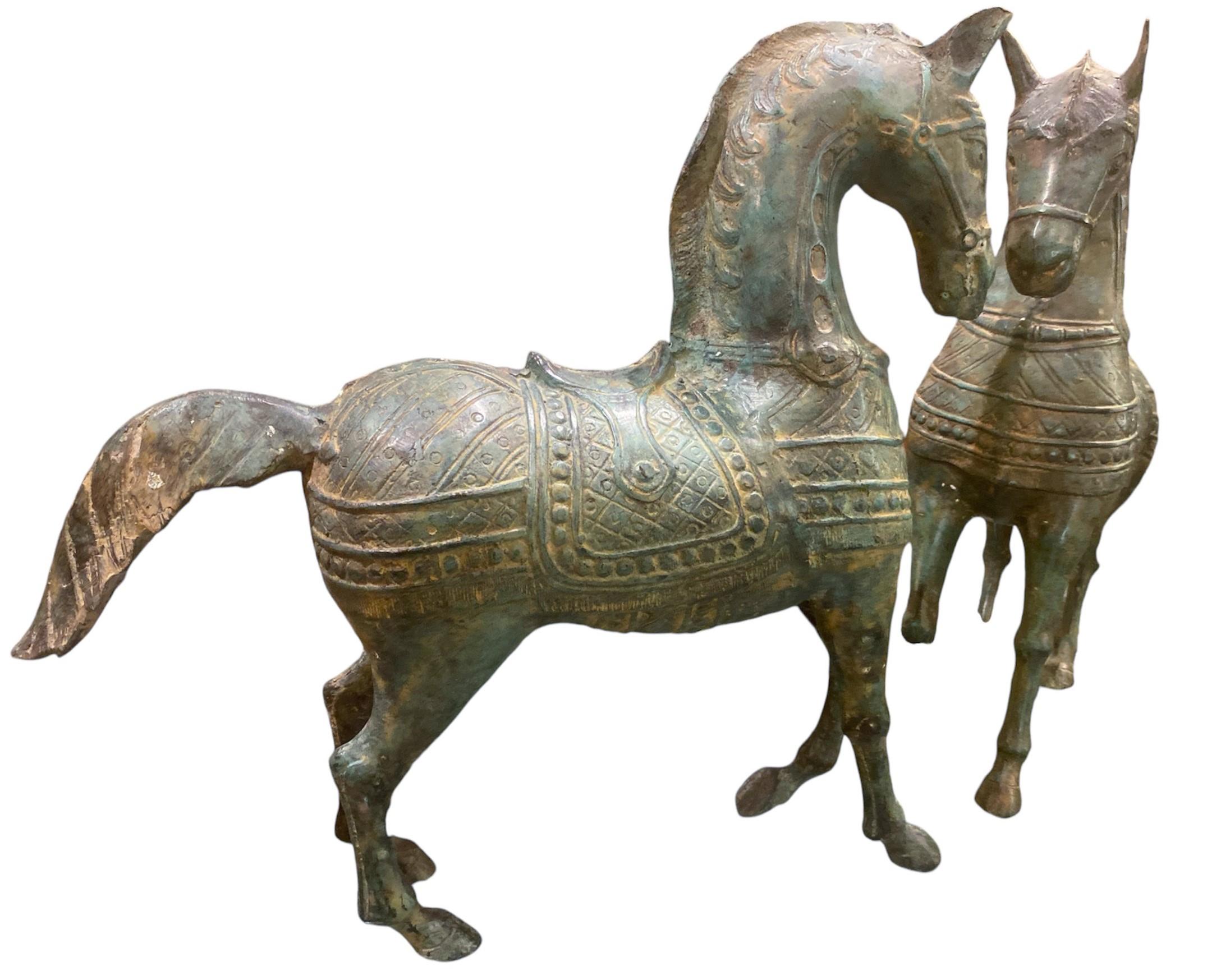 Chinese Chippendale Pair of Early 20th C. Chinese Metal Green Patina Horse
