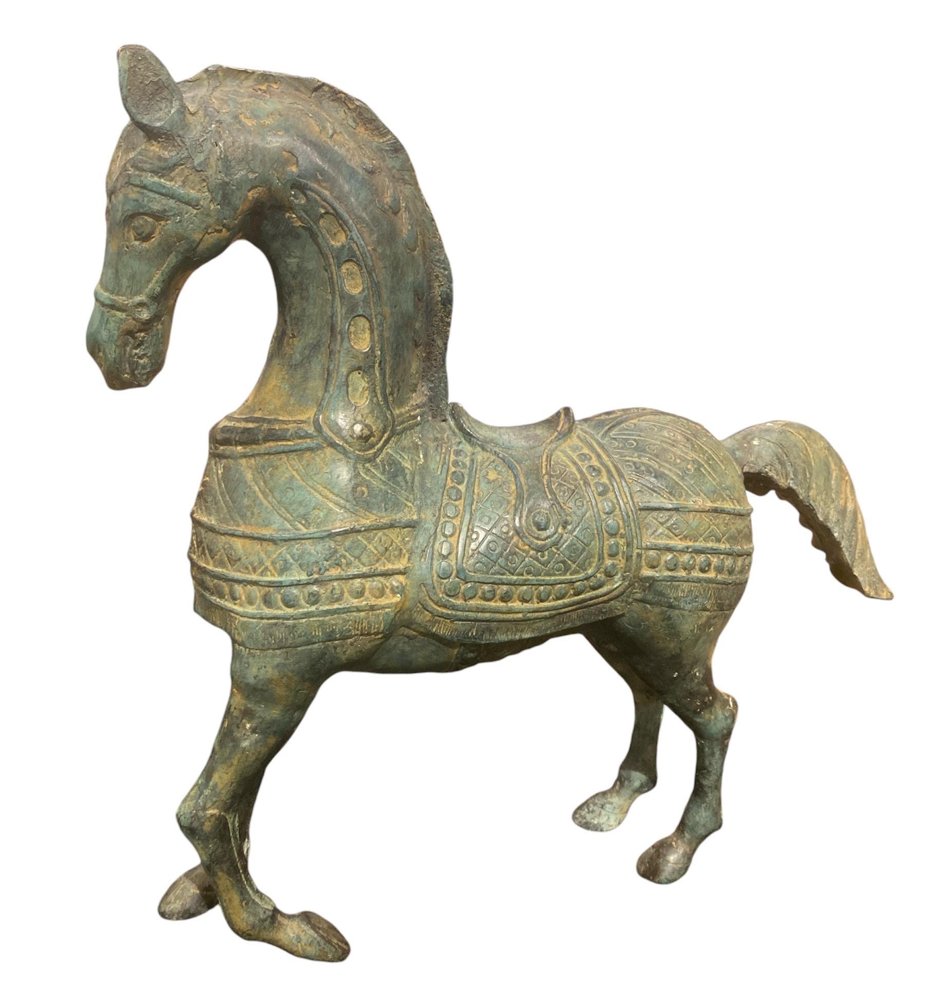 Cast Pair of Early 20th C. Chinese Metal Green Patina Horse