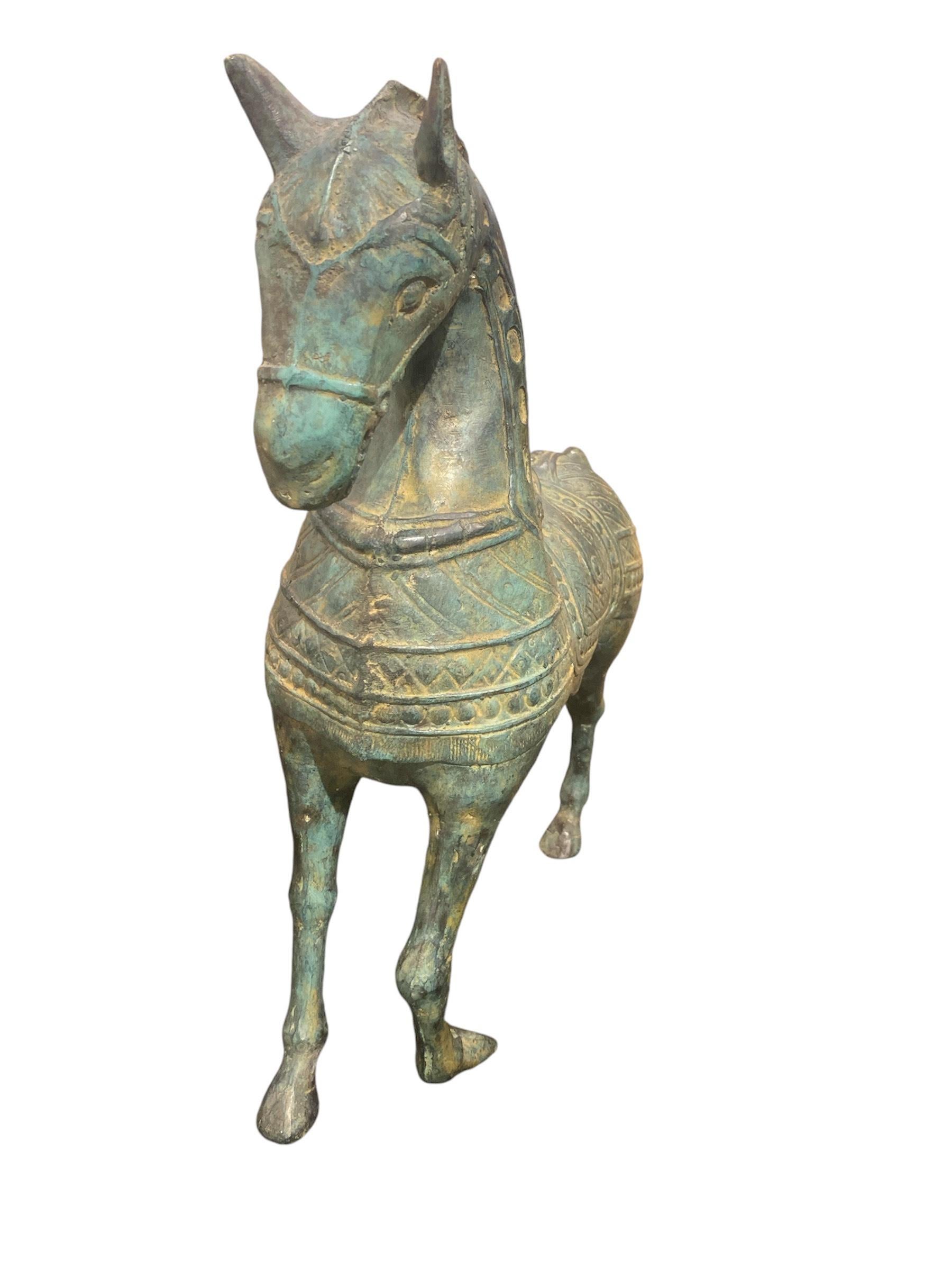 Pair of Early 20th C. Chinese Metal Green Patina Horse In Good Condition In Pasadena, CA