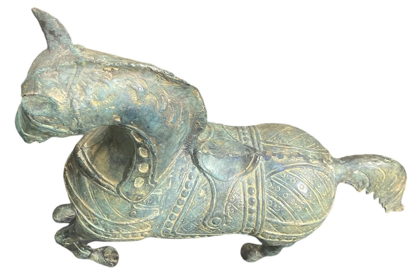 20th Century Pair of Early 20th C. Chinese Metal Green Patina Horse