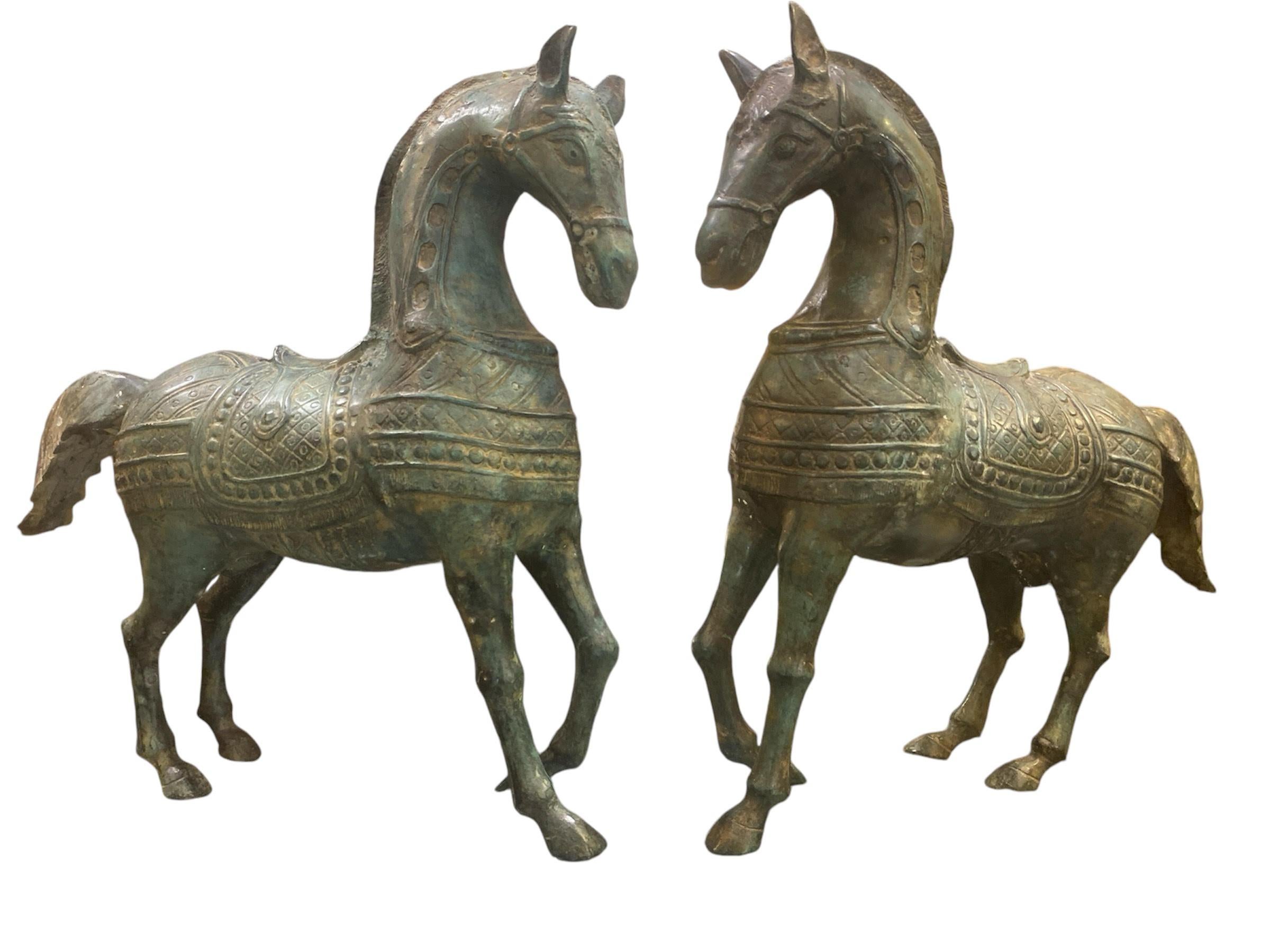 Pair of Early 20th C. Chinese Metal Green Patina Horse 2