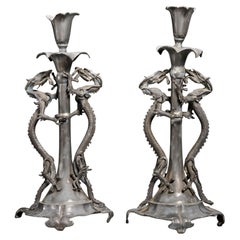 Pair of Early 20th C. Chinese Pewter Dragon Candlesticks, Iris Apfel Collecion