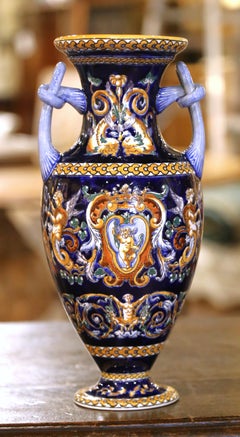 Pair of Early 20th C. Faience Vases with Hand-Painted Cherub Motifs from Gien