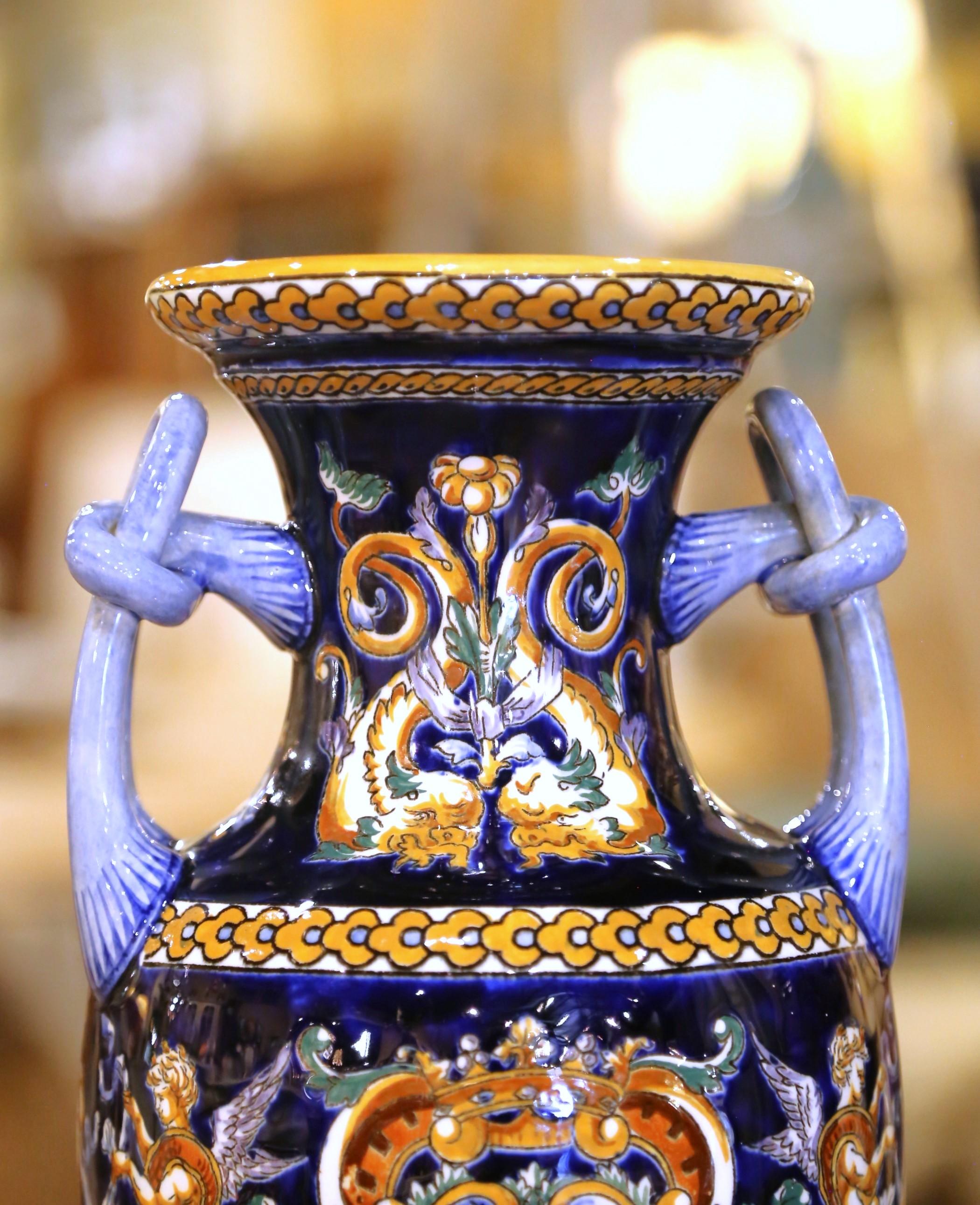Louis XV Pair of Early 20th C. Faience Vases with Hand-Painted Cherub Motifs from Gien For Sale