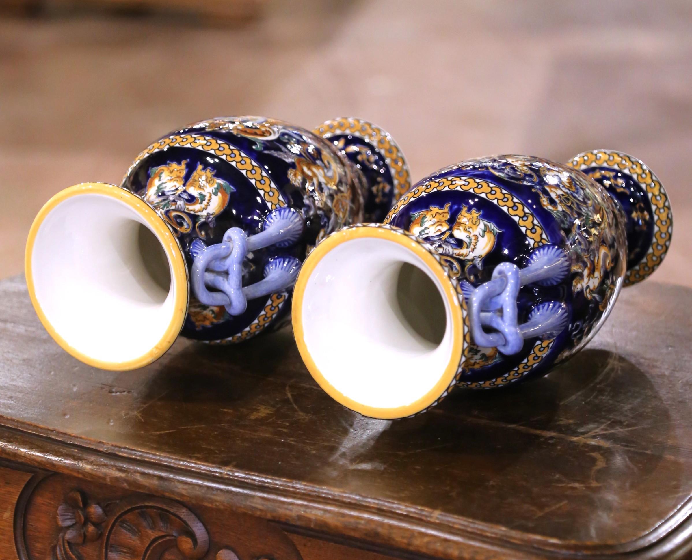 Pair of Early 20th C. Faience Vases with Hand-Painted Cherub Motifs from Gien For Sale 1