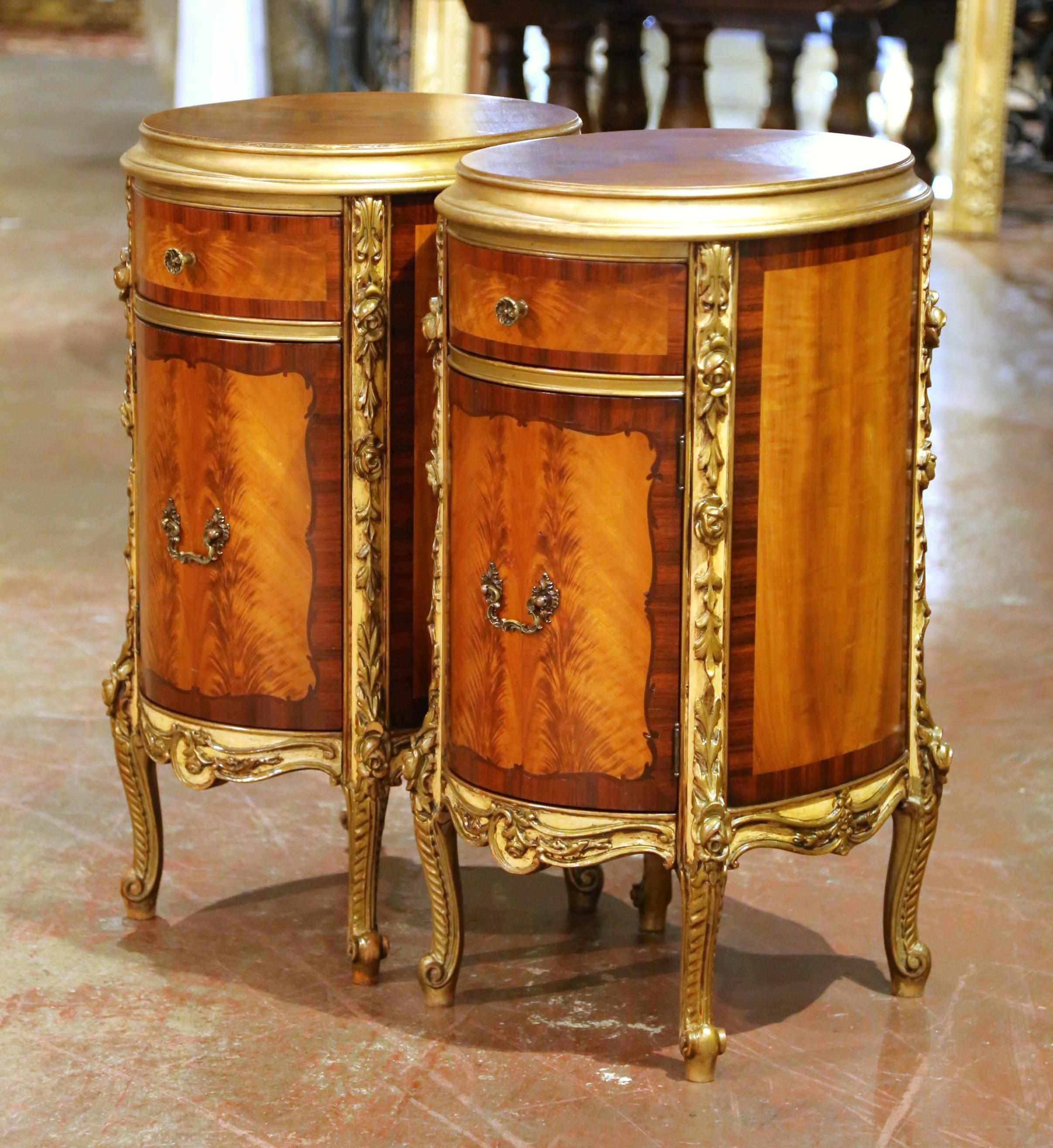 20th Century Pair of Early 20th C. French Louis XV Mahogany & Marquetry Oval Bedside Cabinets For Sale
