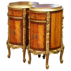 Pair of Early 20th C. French Louis XV Mahogany & Marquetry Oval Bedside Cabinets