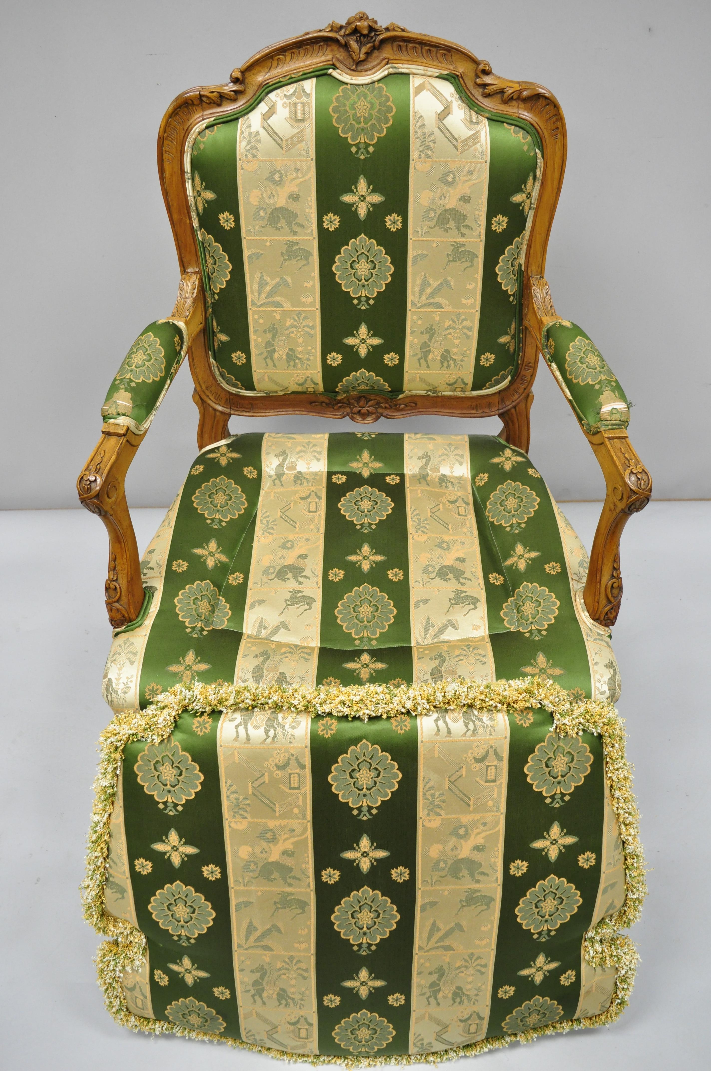 Pair of French Louis XV Style Cream Gold Walnut Fauteuil Armchairs For Sale 5