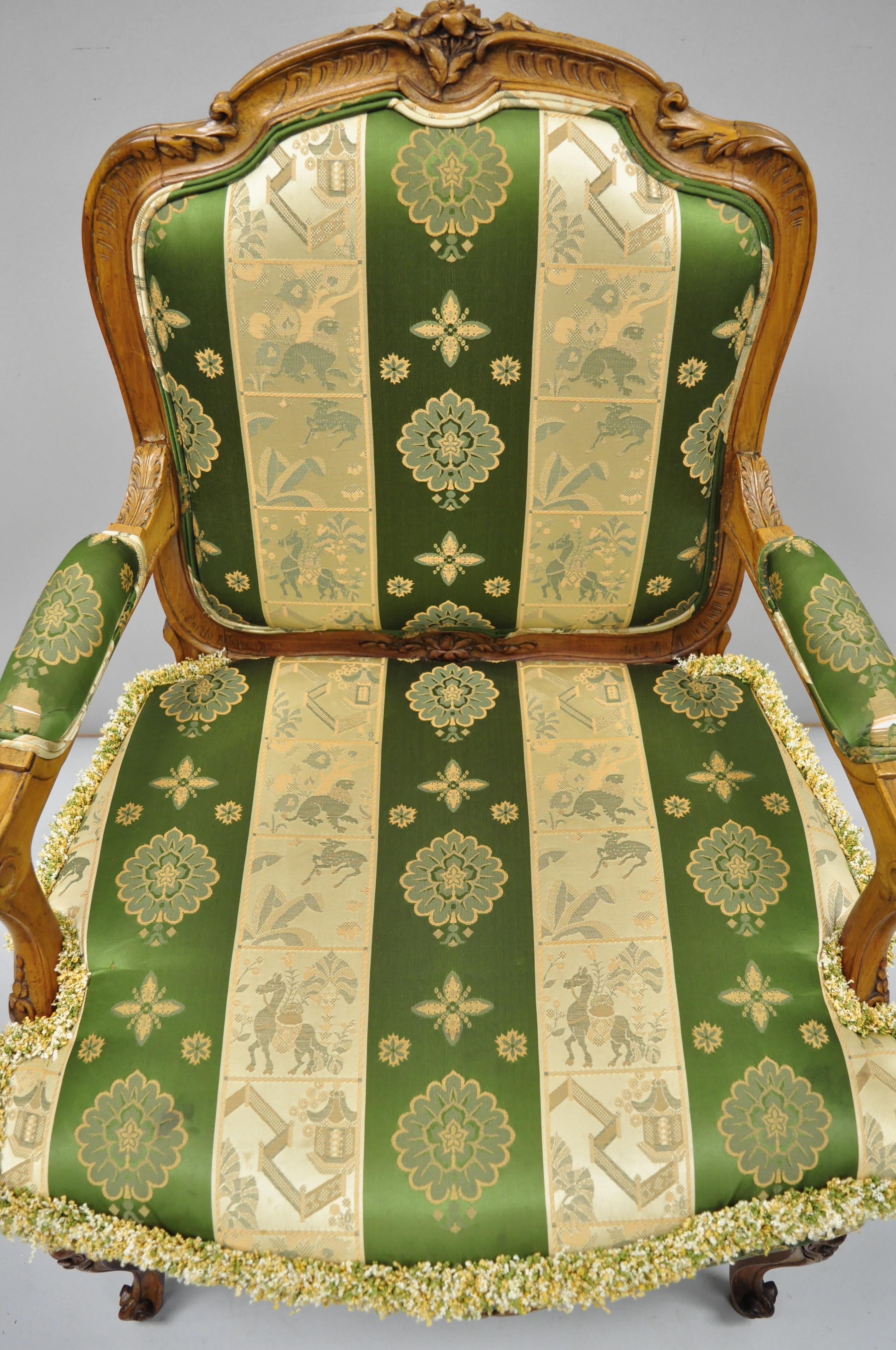 Pair of French Louis XV Style Cream Gold Walnut Fauteuil Armchairs For Sale 6