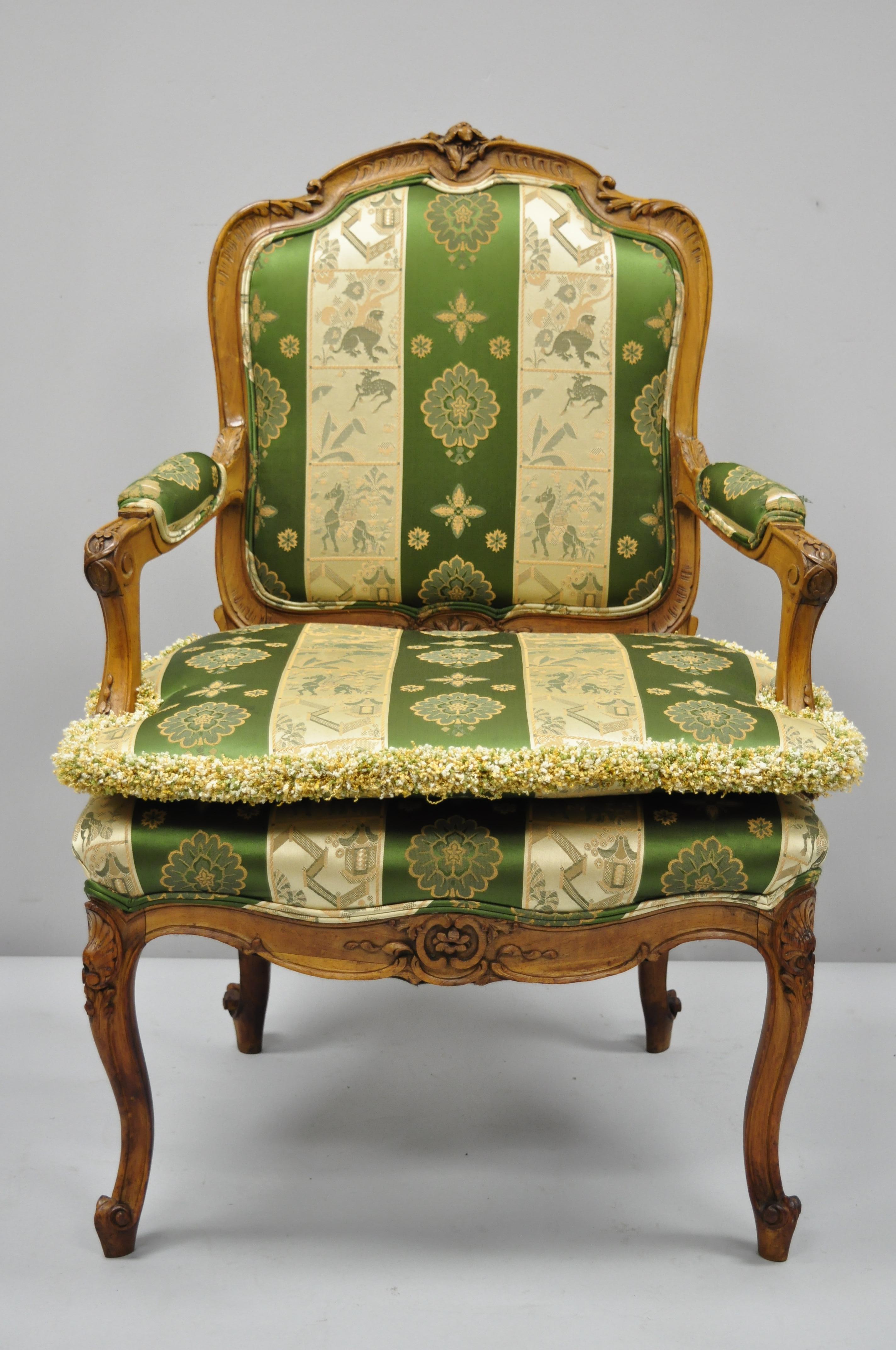 Pair of French Louis XV Style Cream Gold Walnut Fauteuil Armchairs For Sale 7
