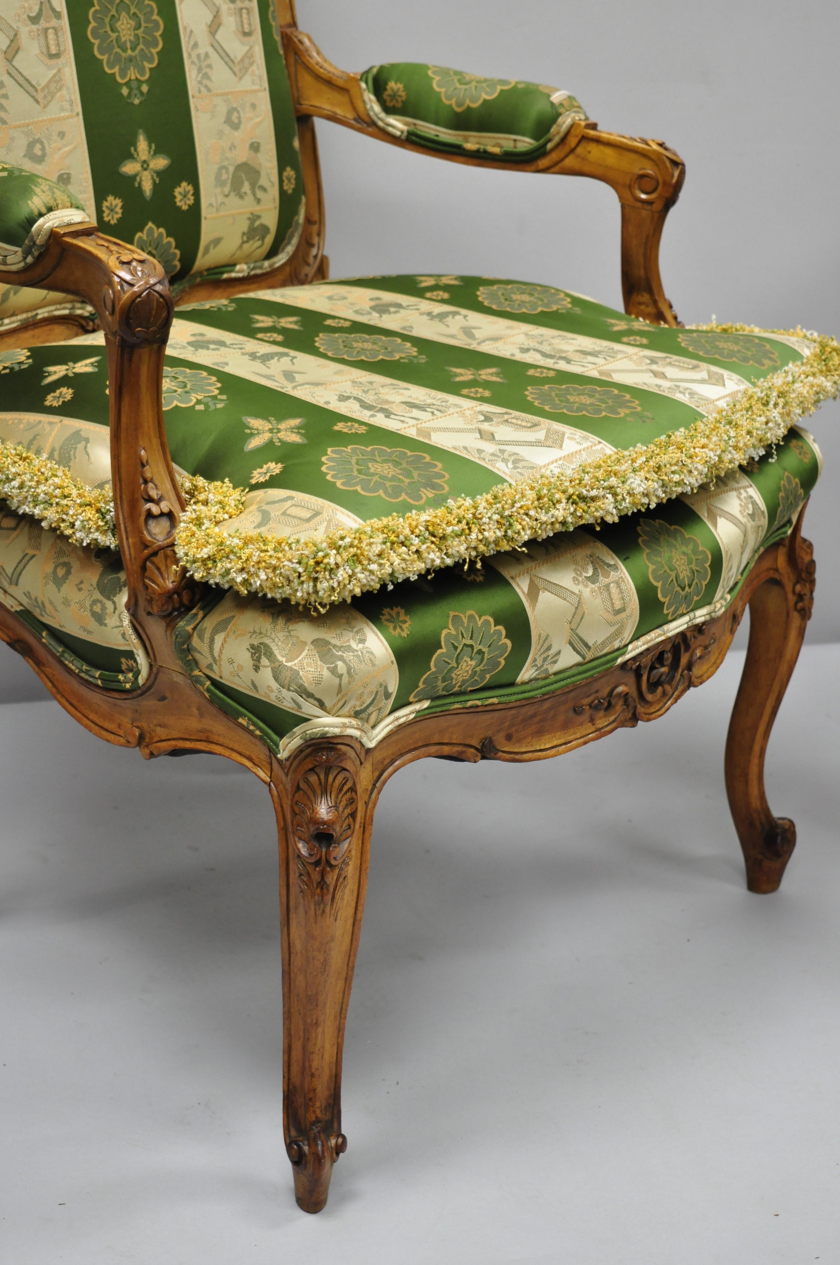 Pair of French Louis XV Style Cream Gold Walnut Fauteuil Armchairs For Sale 1