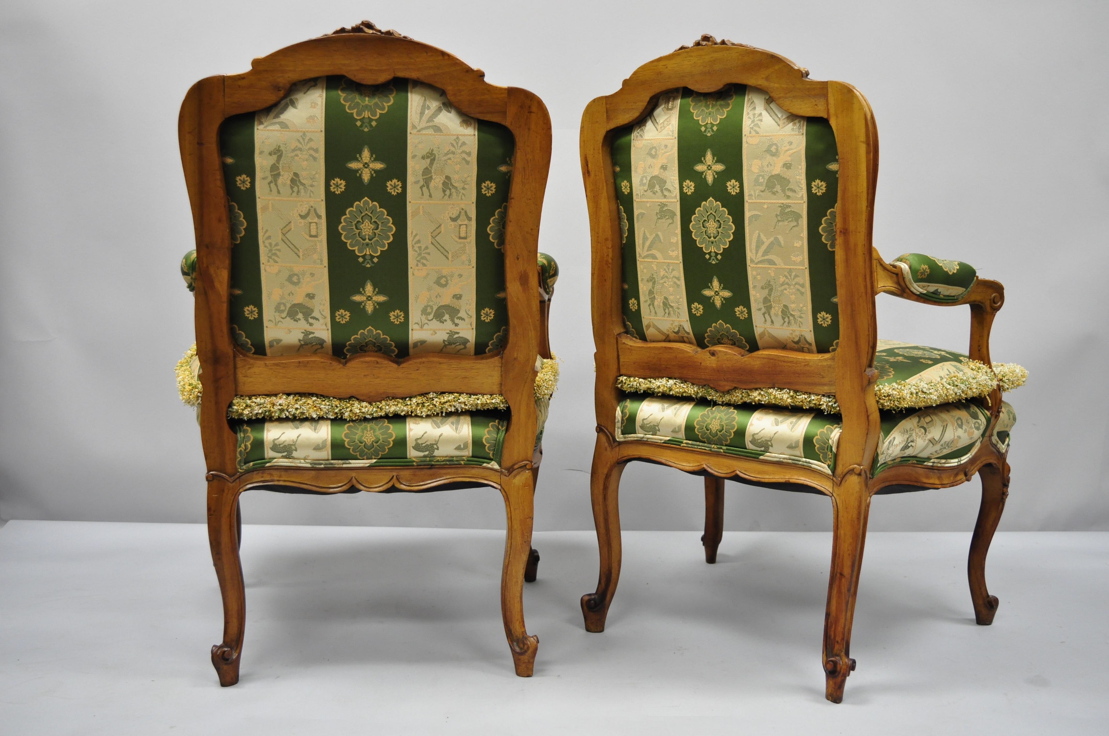 Pair of French Louis XV Style Cream Gold Walnut Fauteuil Armchairs For Sale 4