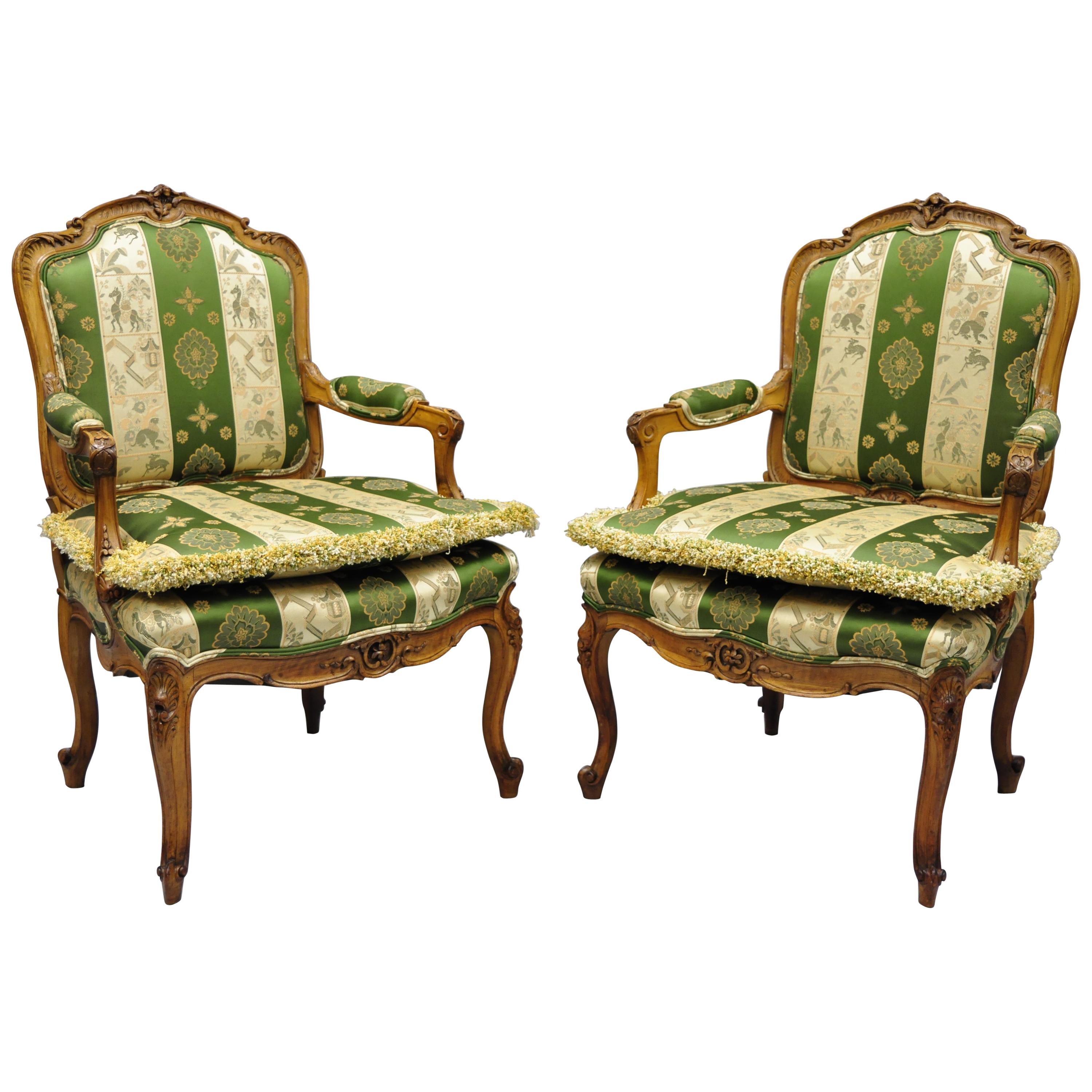 Pair of French Louis XV Style Cream Gold Walnut Fauteuil Armchairs