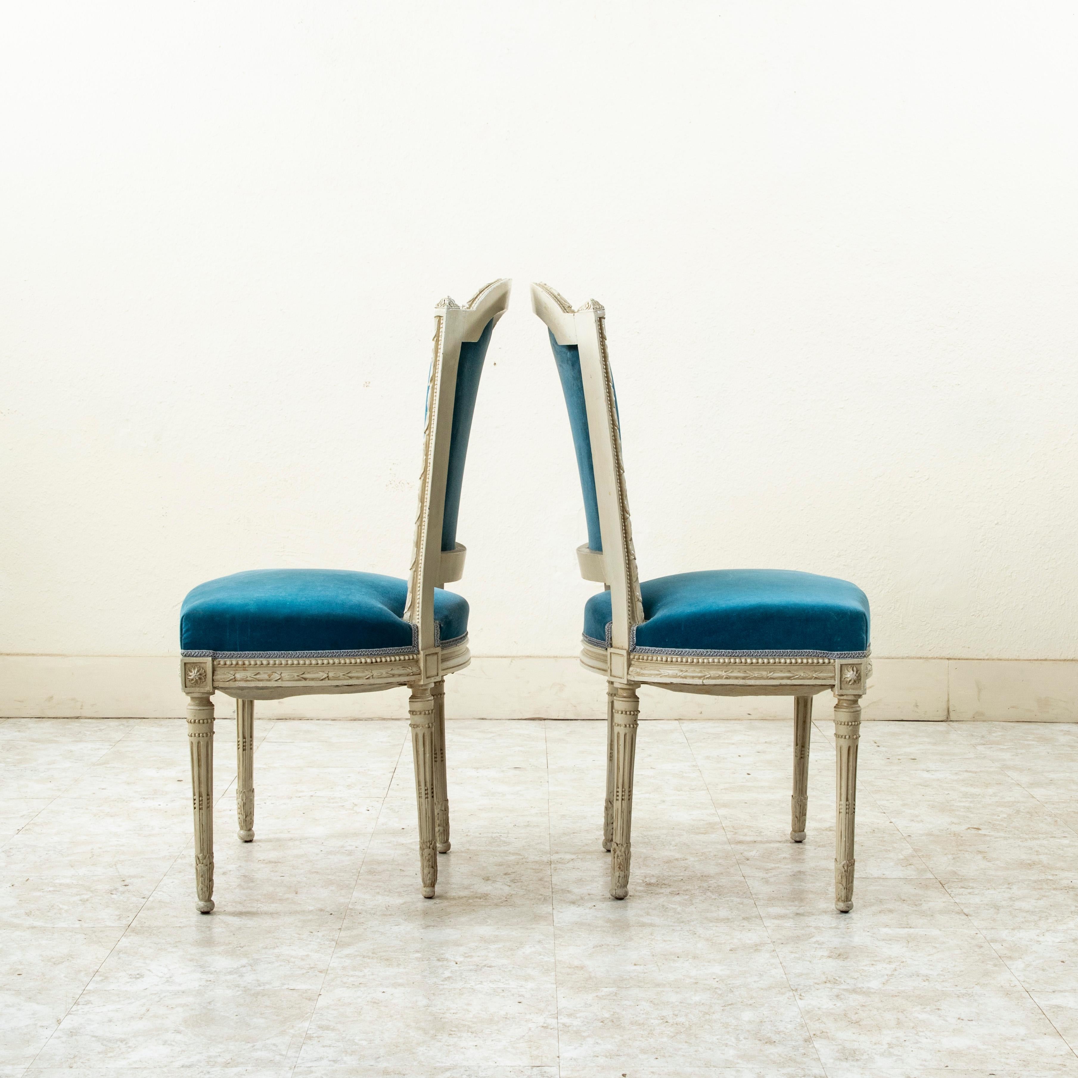 20th Century Pair of Early 20th C. French Louis XVI Style Hand-Carved Painted Side Chairs For Sale