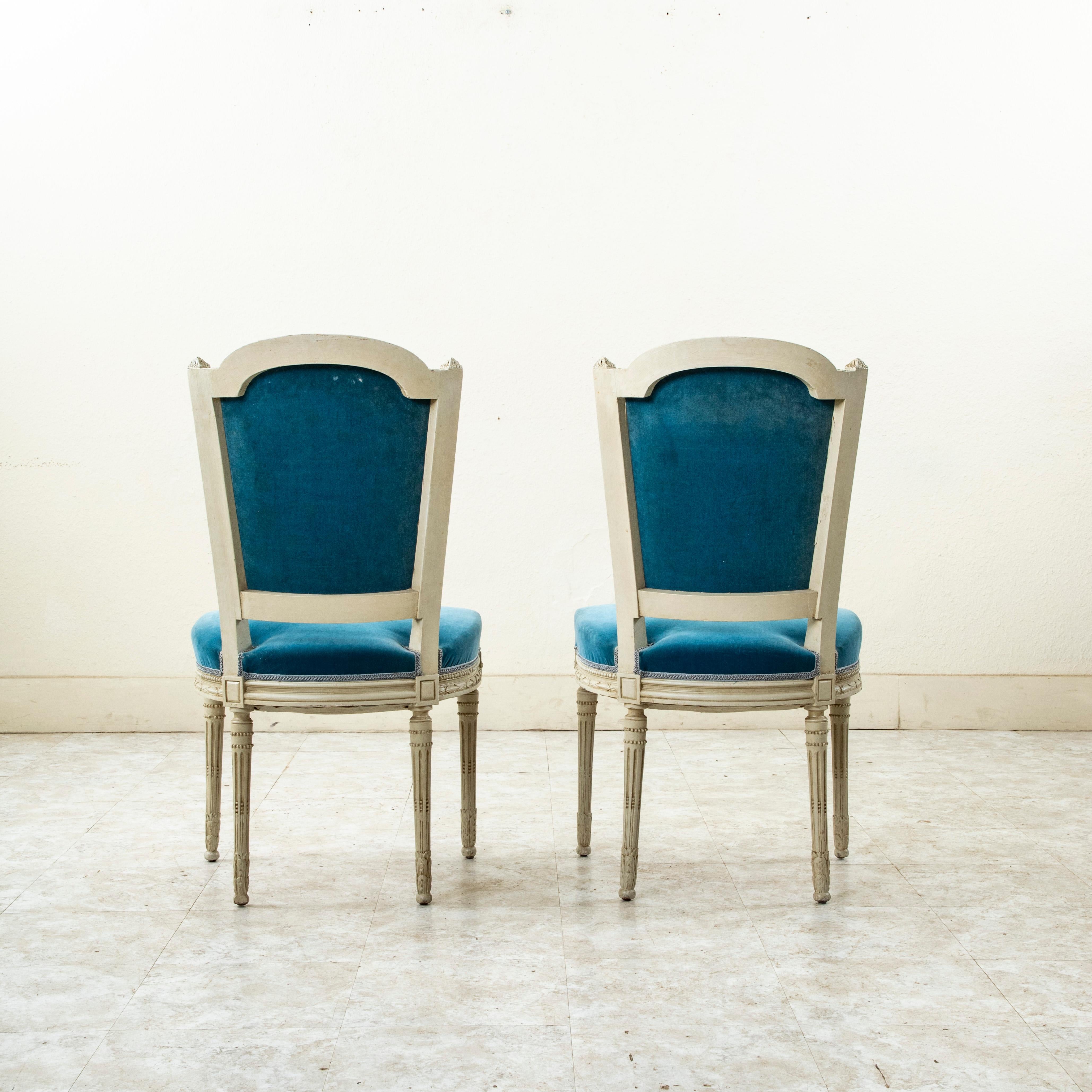 Mohair Pair of Early 20th C. French Louis XVI Style Hand-Carved Painted Side Chairs For Sale