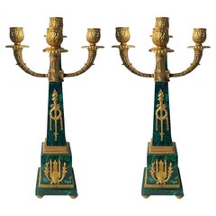 Pair of Early 20th C. French Malachite Candelabras with Gilt Bronze Details.