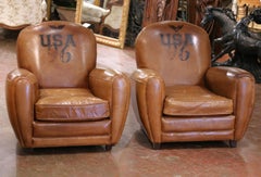 Pair of Early 20th C. French Patinated Leather Club Chairs with Nailhead Trim
