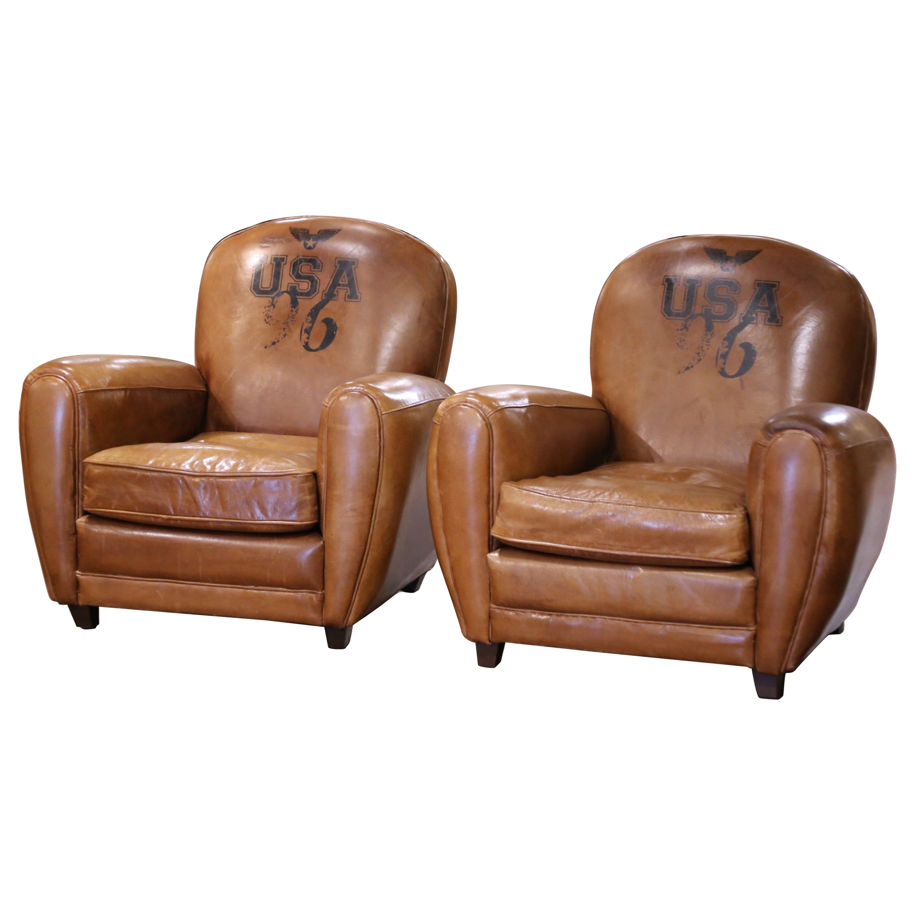 Pair of Early 20th C. French Patinated Leather Club Chairs with Nailhead Trim