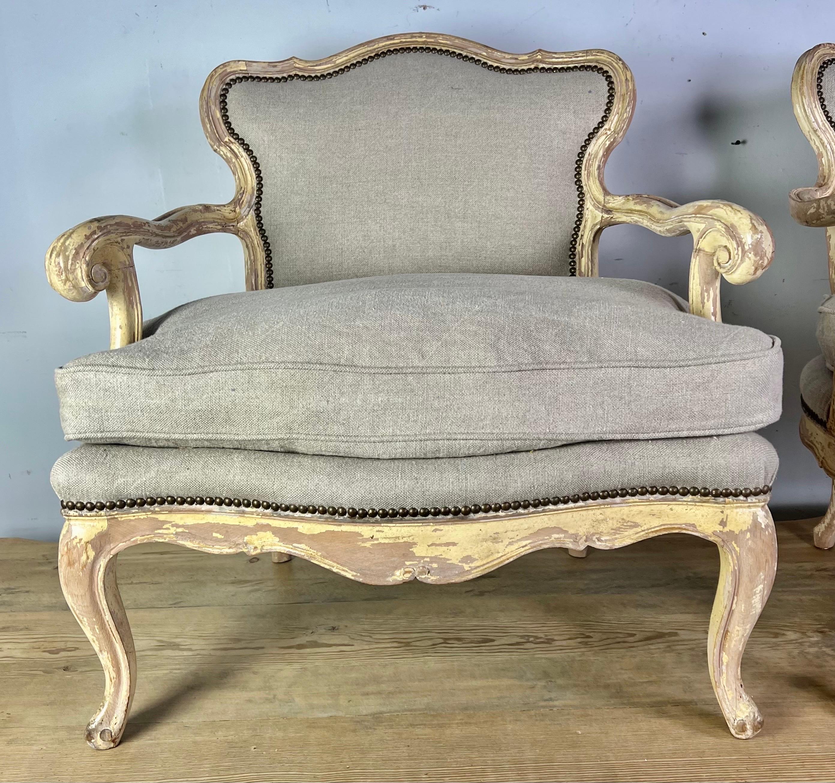 Rococo Pair of Early 20th Century French Provincial Armchairs W/ Down Cushions